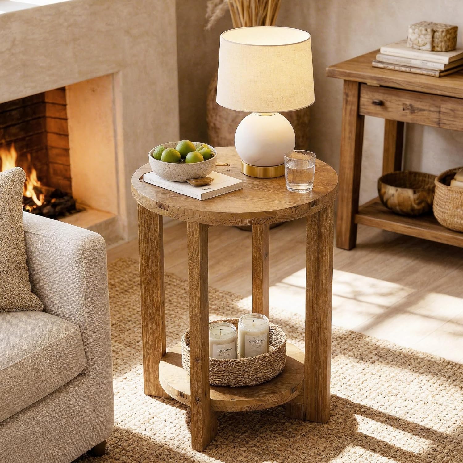 Solid Wood  Round End Table, 2-Tier Accent Side Table for Small Spaces