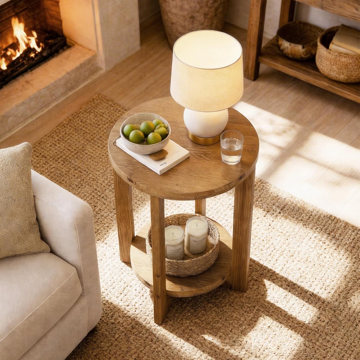 Solid Wood  Round End Table, 2-Tier Accent Side Table for Small Spaces