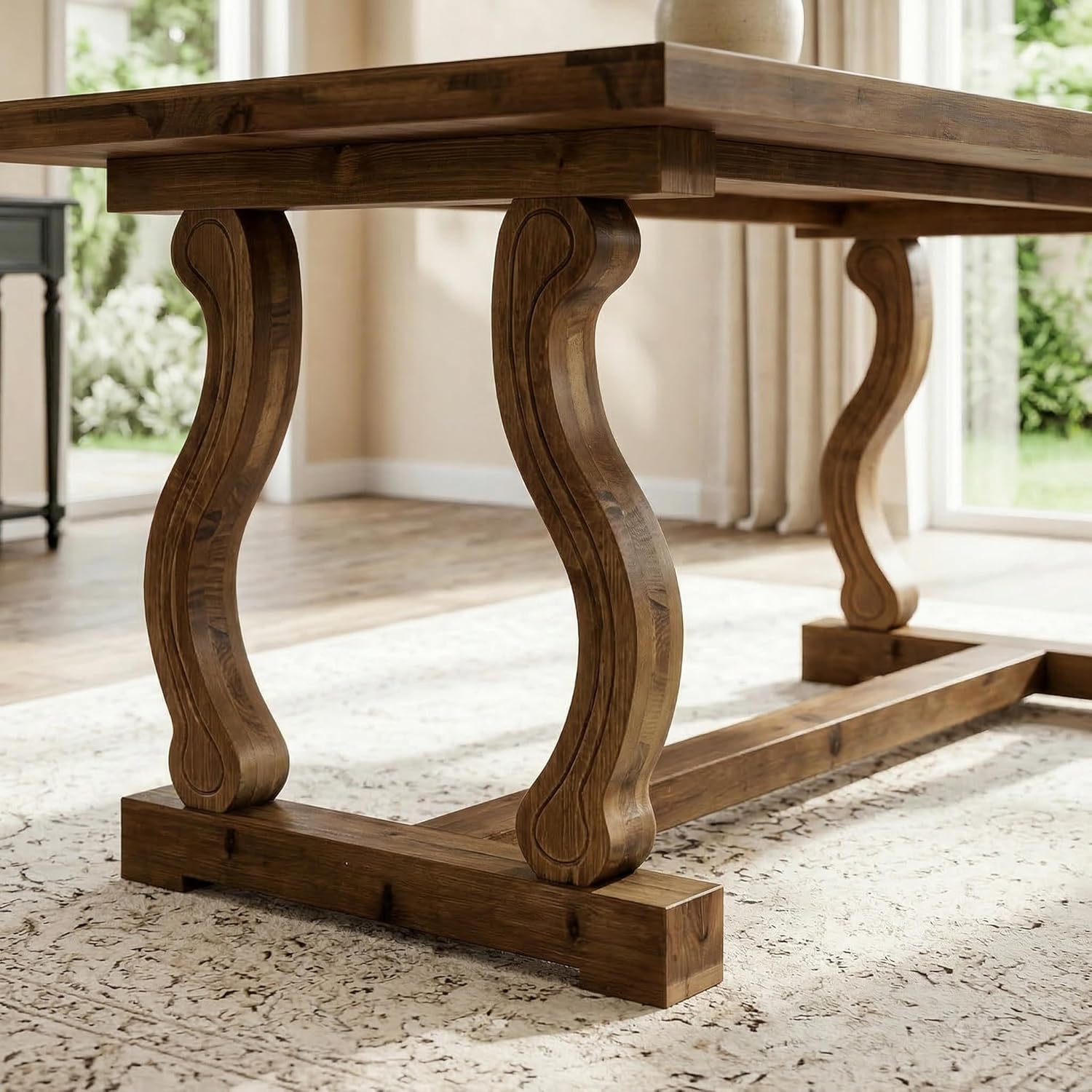 63" Solid Wood Dining Table for 4–6, Rectangular Kitchen Table with Parquetry Top & Scroll Legs