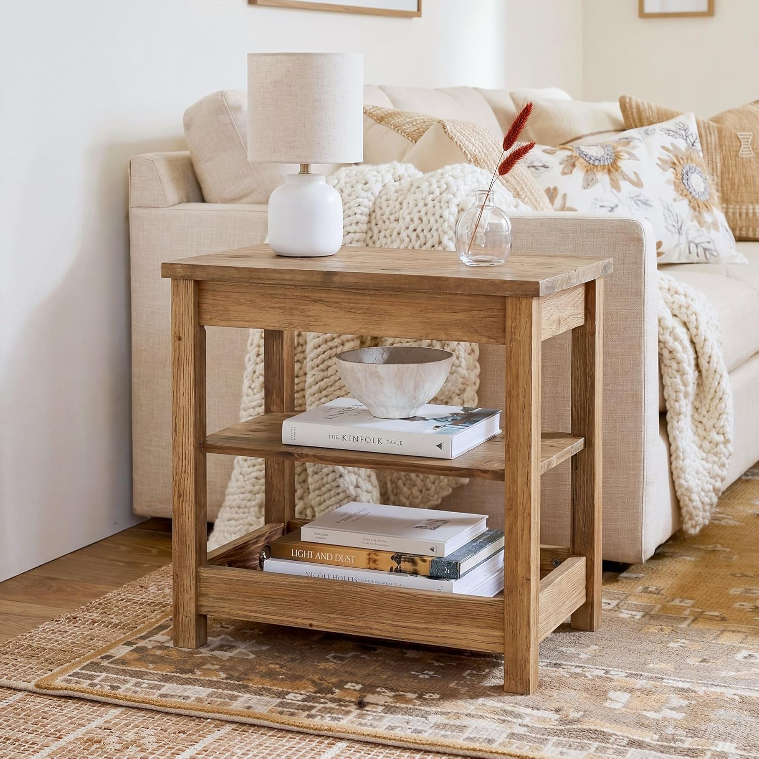 23.62" Solid Wood End Table, 3-Tier Narrow Side Table for Living Room and Bedroom