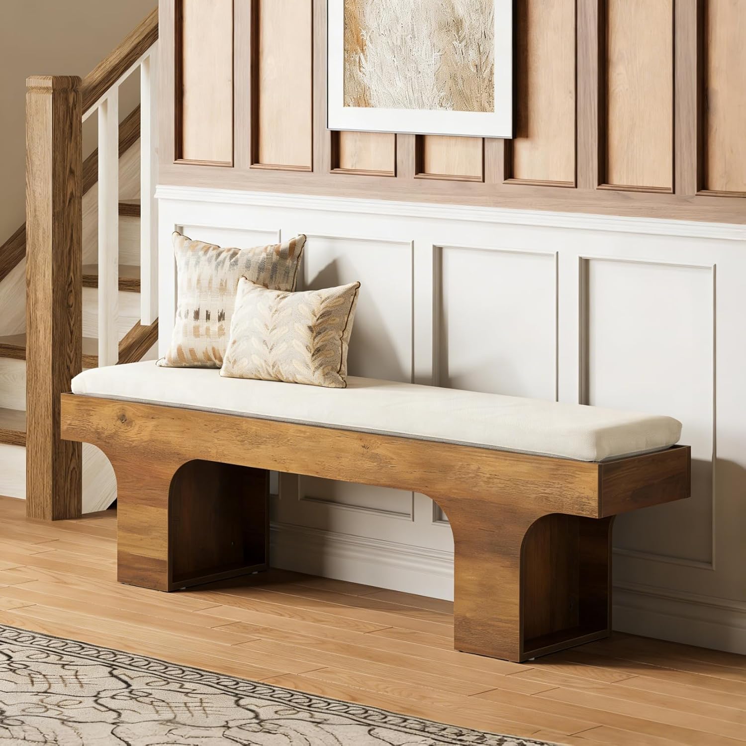 55" Dining Bench with Linen Cushion, Farmhouse Entryway Bench for Hallway