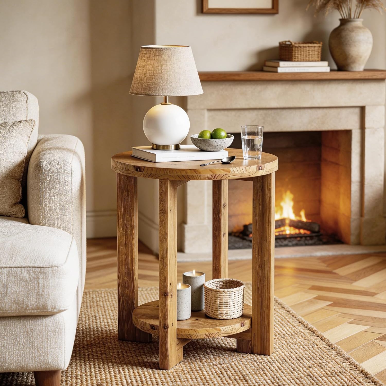 Solid Wood  Round End Table, 2-Tier Accent Side Table for Small Spaces