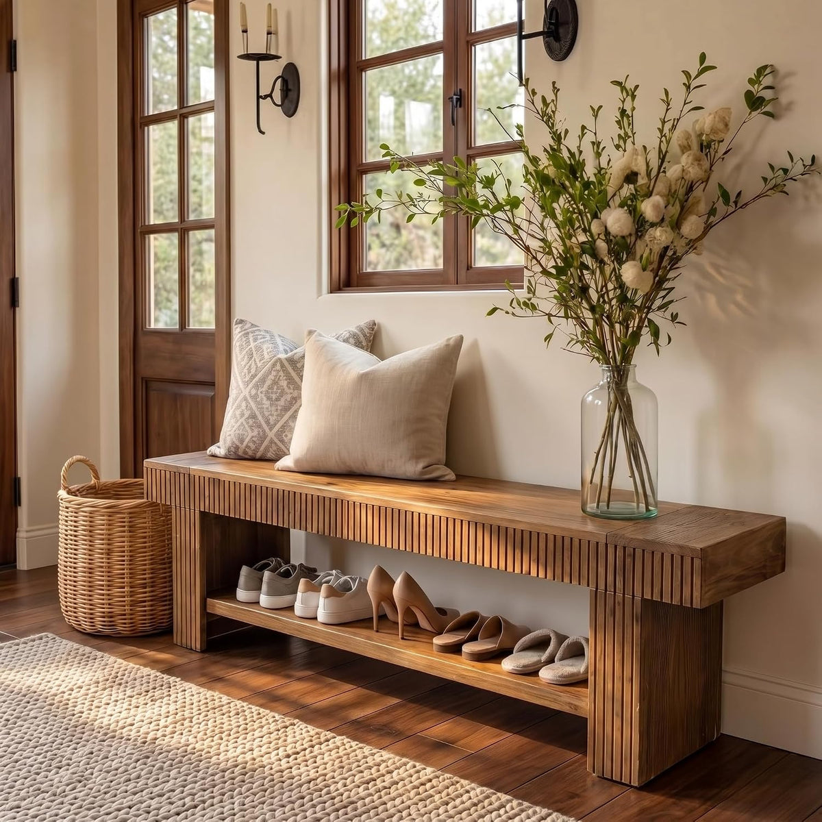 71" Solid Wood Entryway Bench, Fluted Shoe Bench with Storage Shelf for Hallway