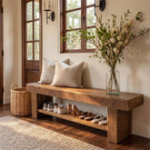 71" Solid Wood Entryway Bench, Fluted Shoe Bench with Storage Shelf for Hallway 3