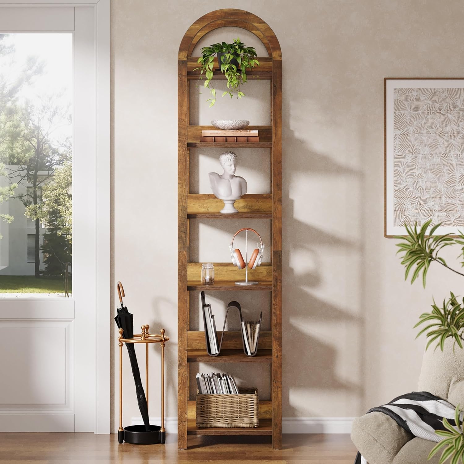 71" Tall and Narrow Bookshelf, 6-Tier Arched Bookcase Open Storage Rack