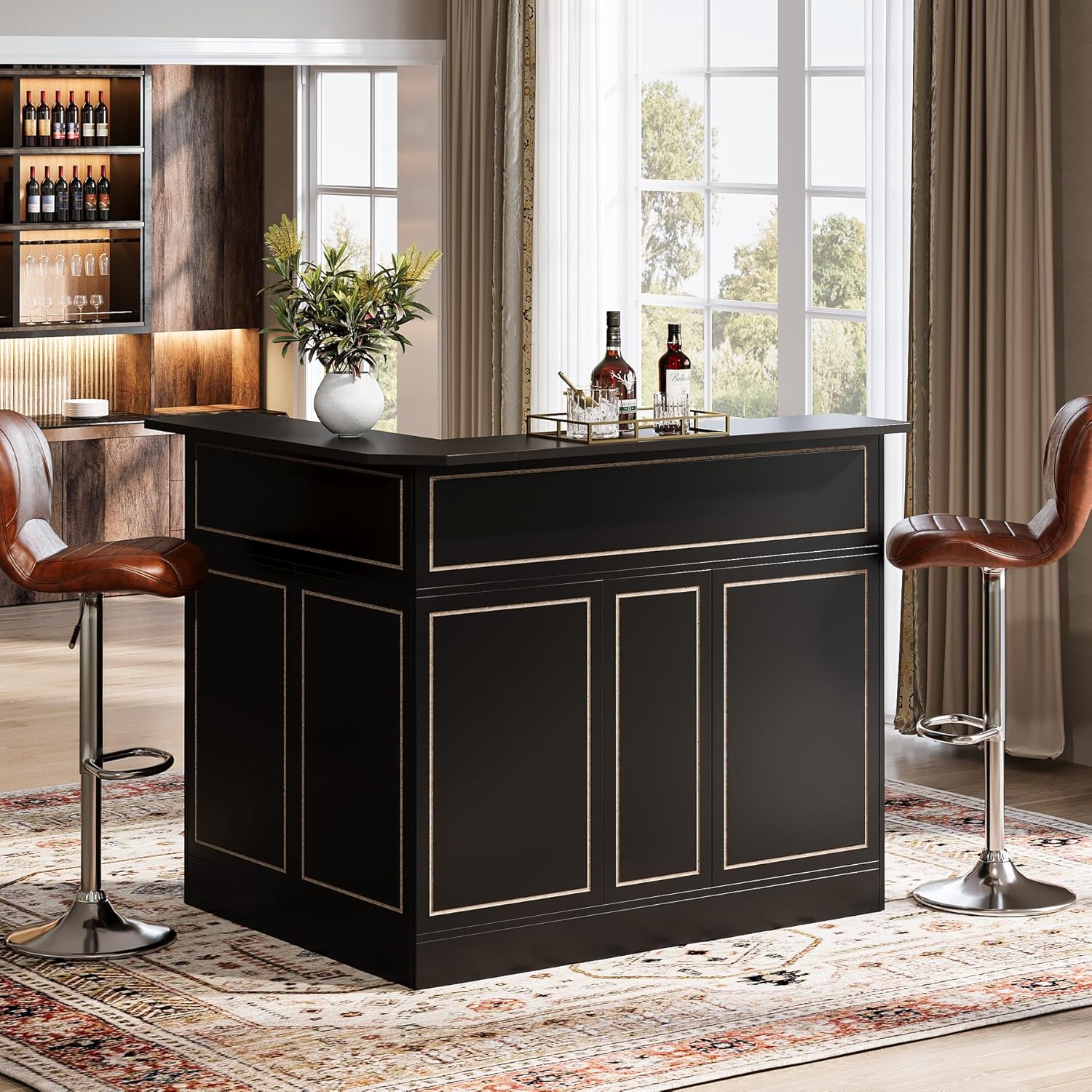 L-Shaped Bar Table, 4-Tier Bar Cabinet Reception Desk
