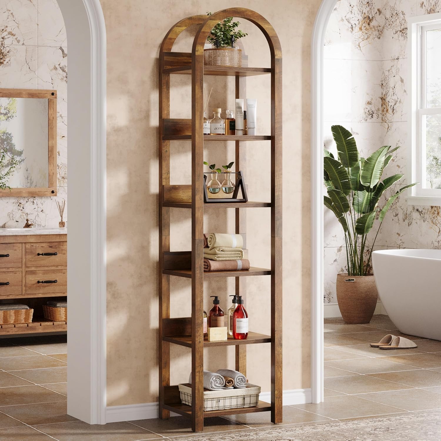 71" Tall and Narrow Bookshelf, 6-Tier Arched Bookcase Open Storage Rack