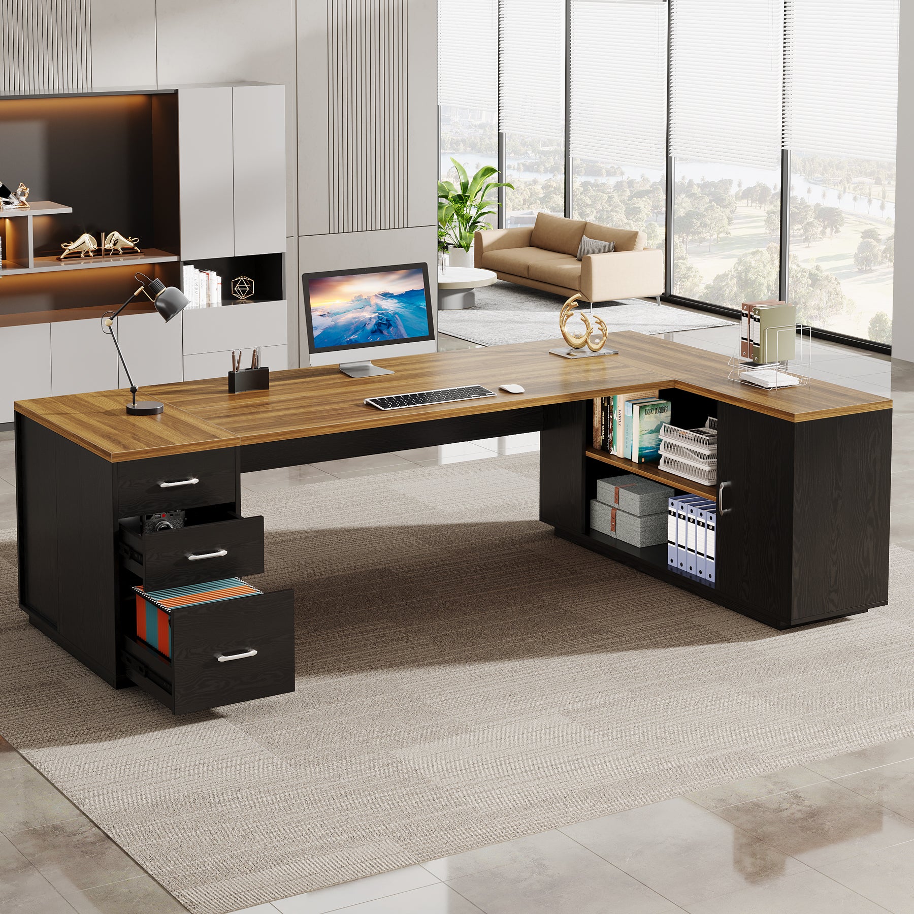 85.8" Executive Desk, L-Shaped Office Desk Computer Desk with File Drawers
