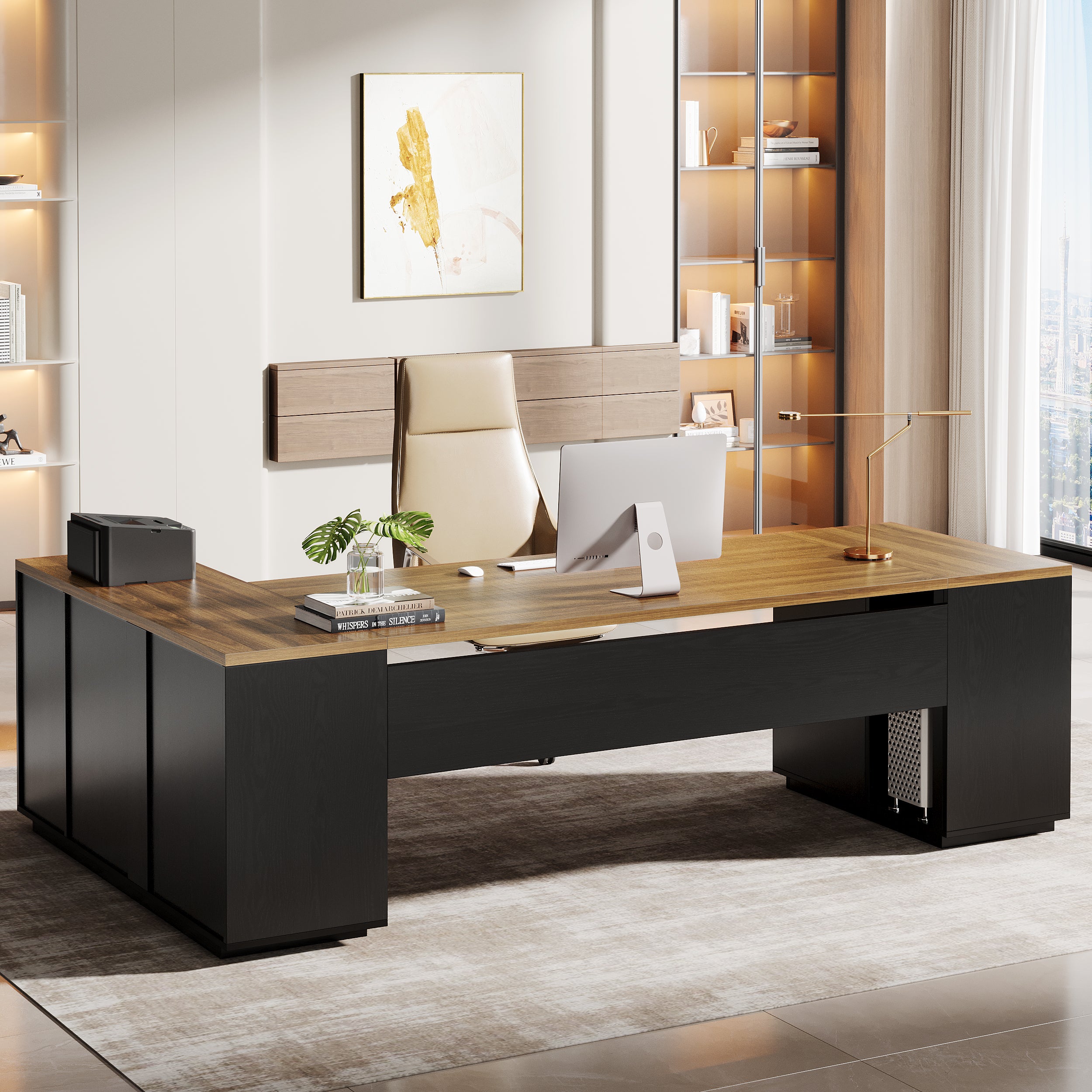 85.8" Executive Desk, L-Shaped Office Desk Computer Desk with File Drawers