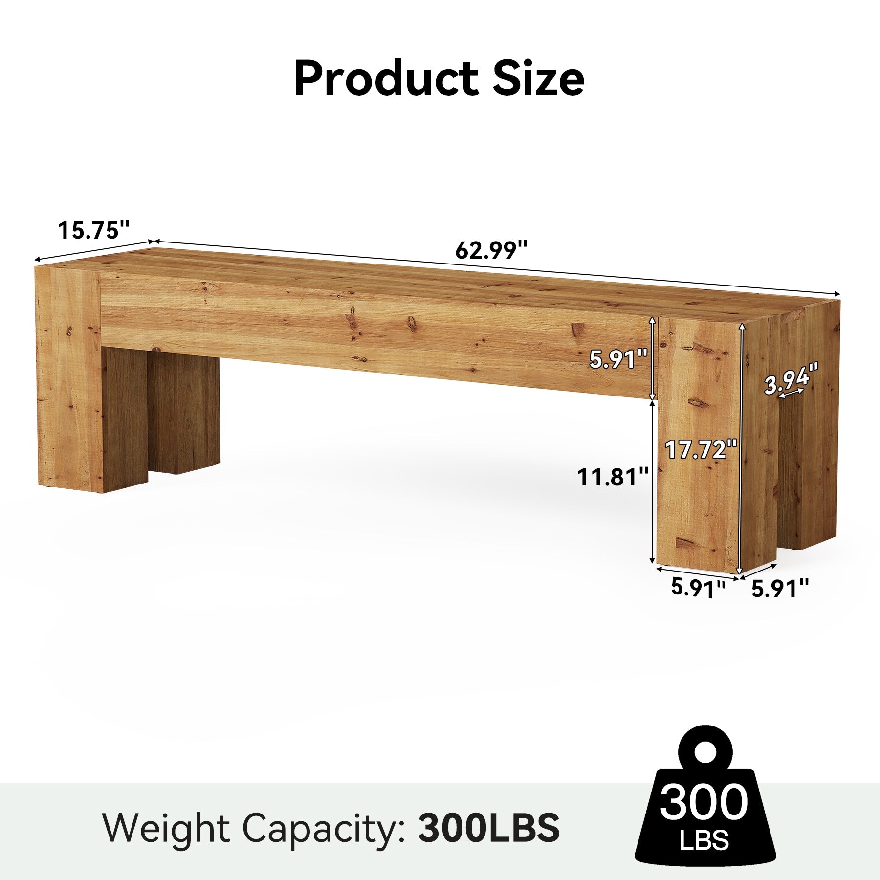 63" Solid Wood Dining Bench, Long Kitchen Table Bench with Sturdy Frame