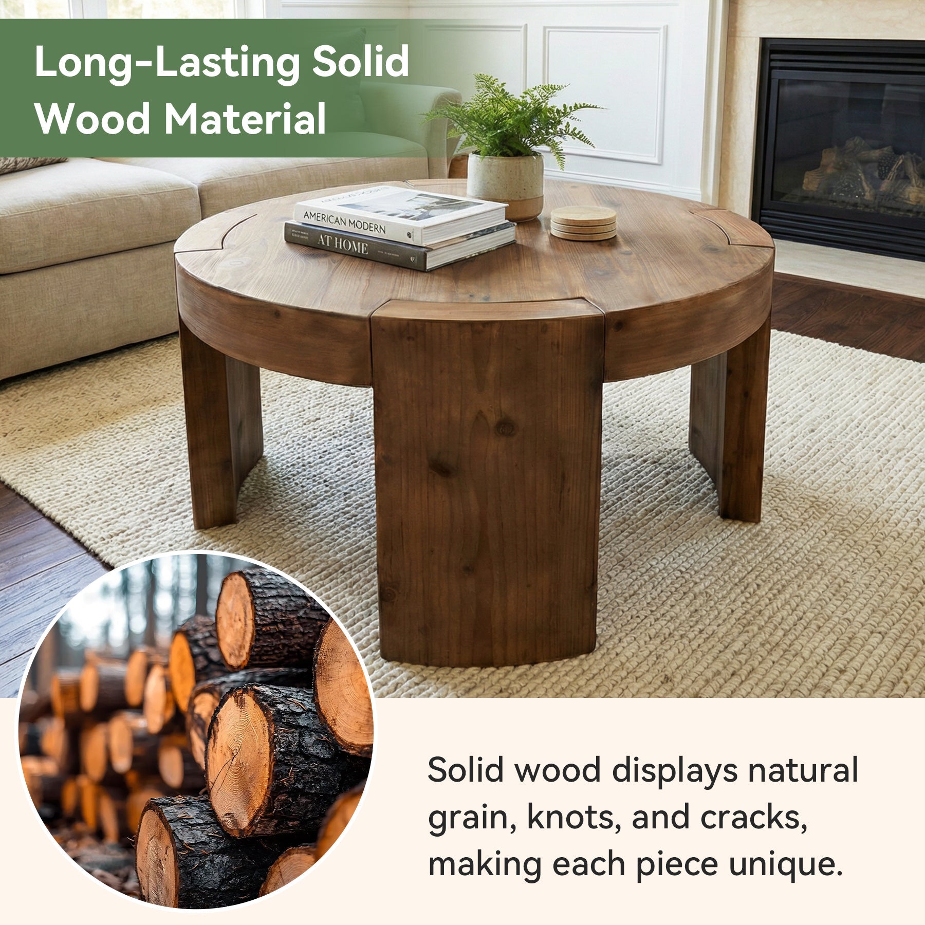 31.5" Round Coffee Table, Solid Wood Center Cocktail Tea Table for Living Room