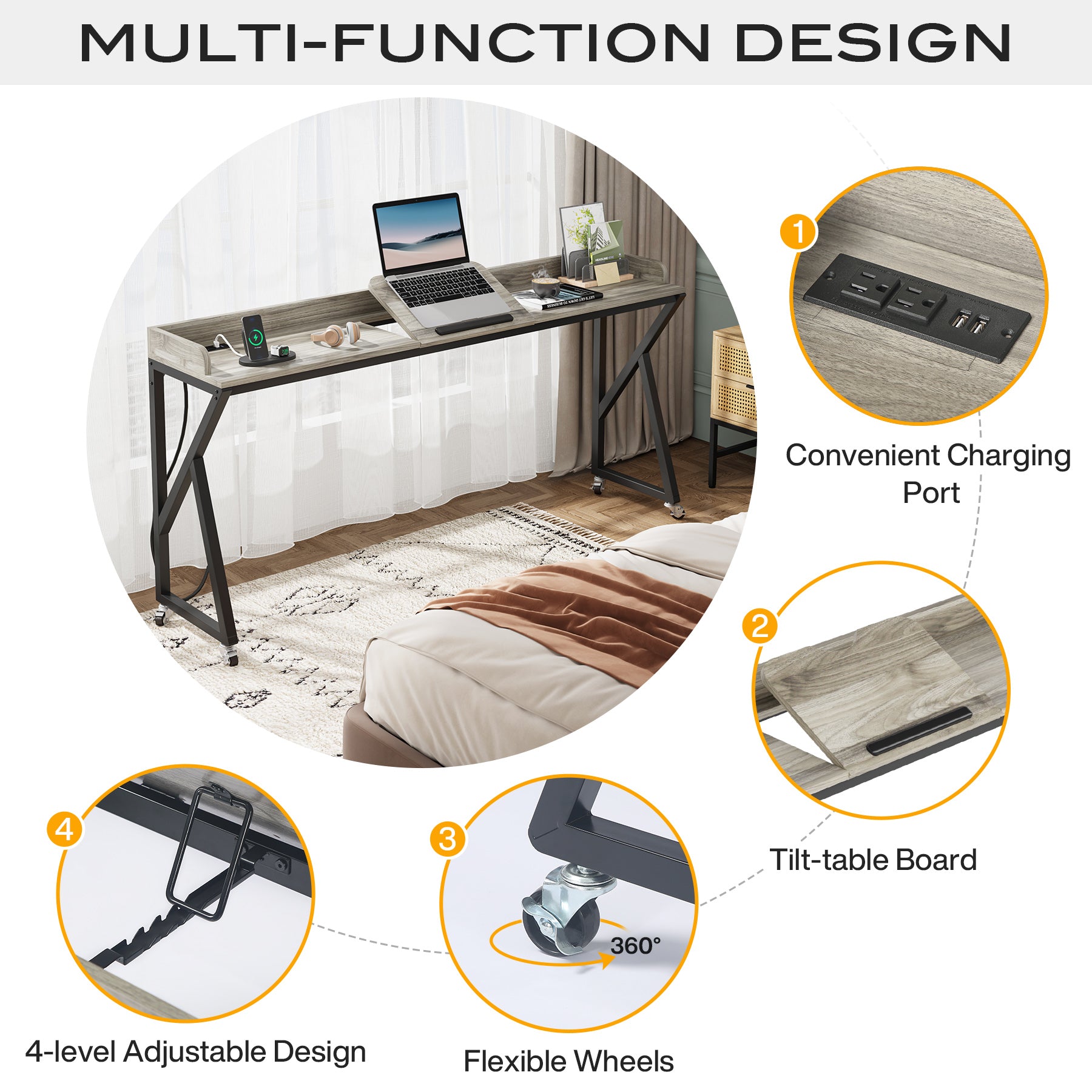 Mobile Overbed Table, 70.9" Over Bed Desk with Adjustable Tilt Board