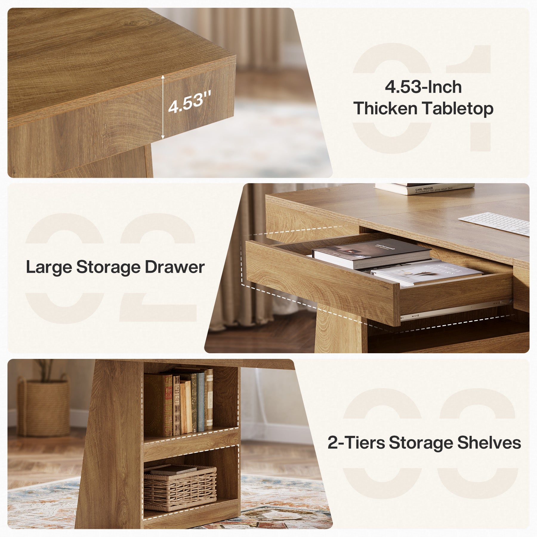 55" Executive Desk with Drawer, Farmhouse Computer Desk with Storage Shelves for Home Office