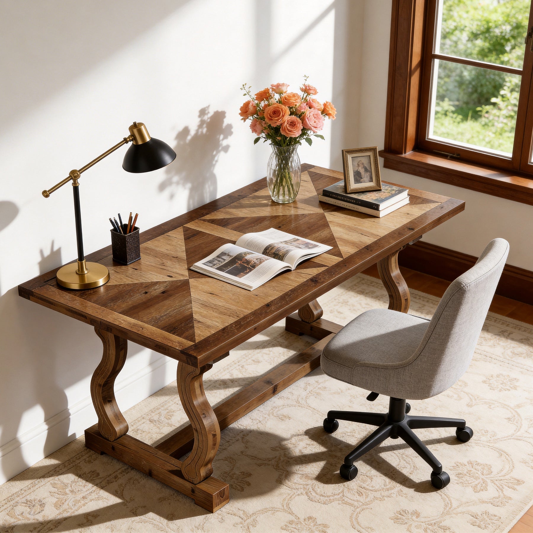 63" Solid Wood Executive Desk, Farmhouse Computer Desk with Parquetry Top & Scroll Legs for Home Office