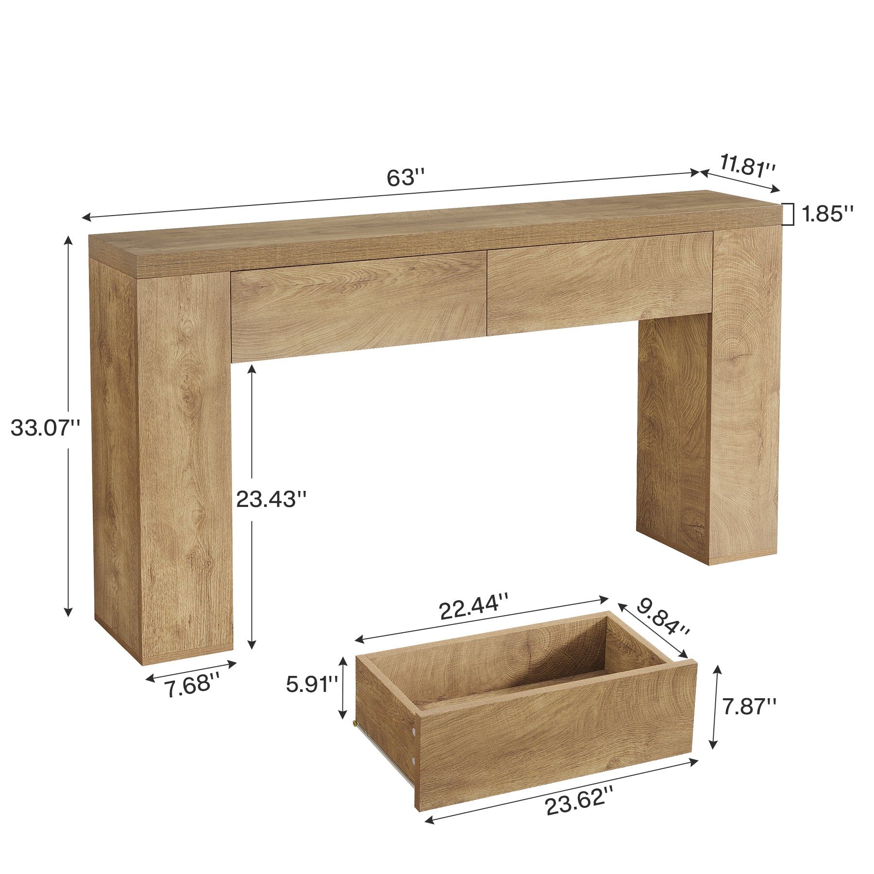 63" Console Table, Rustic Sofa Hallway Table with Drawers