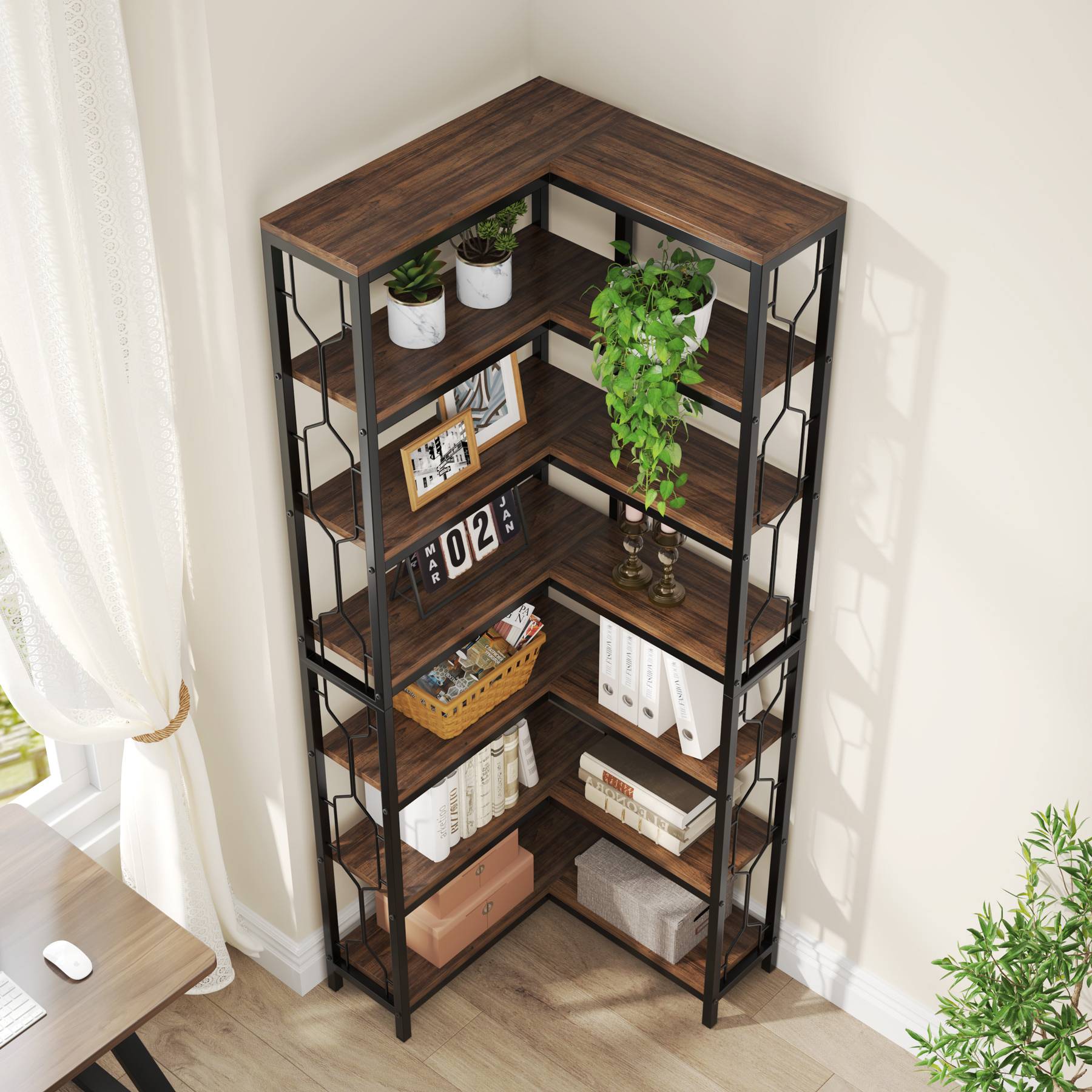 Corner Bookshelf, 7-Tier Industrial Corner Etagere Bookcase Tribesigns