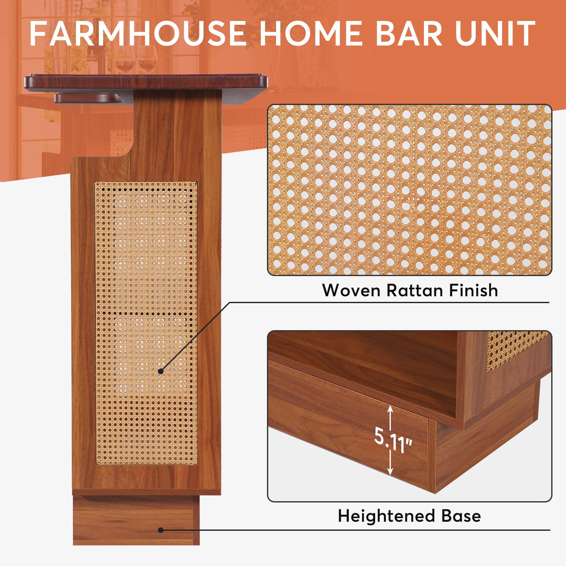 Bar Unit, 4-Tier Rattan Liquor Wine Bar Cabinet with Stemware Racks Tribesigns