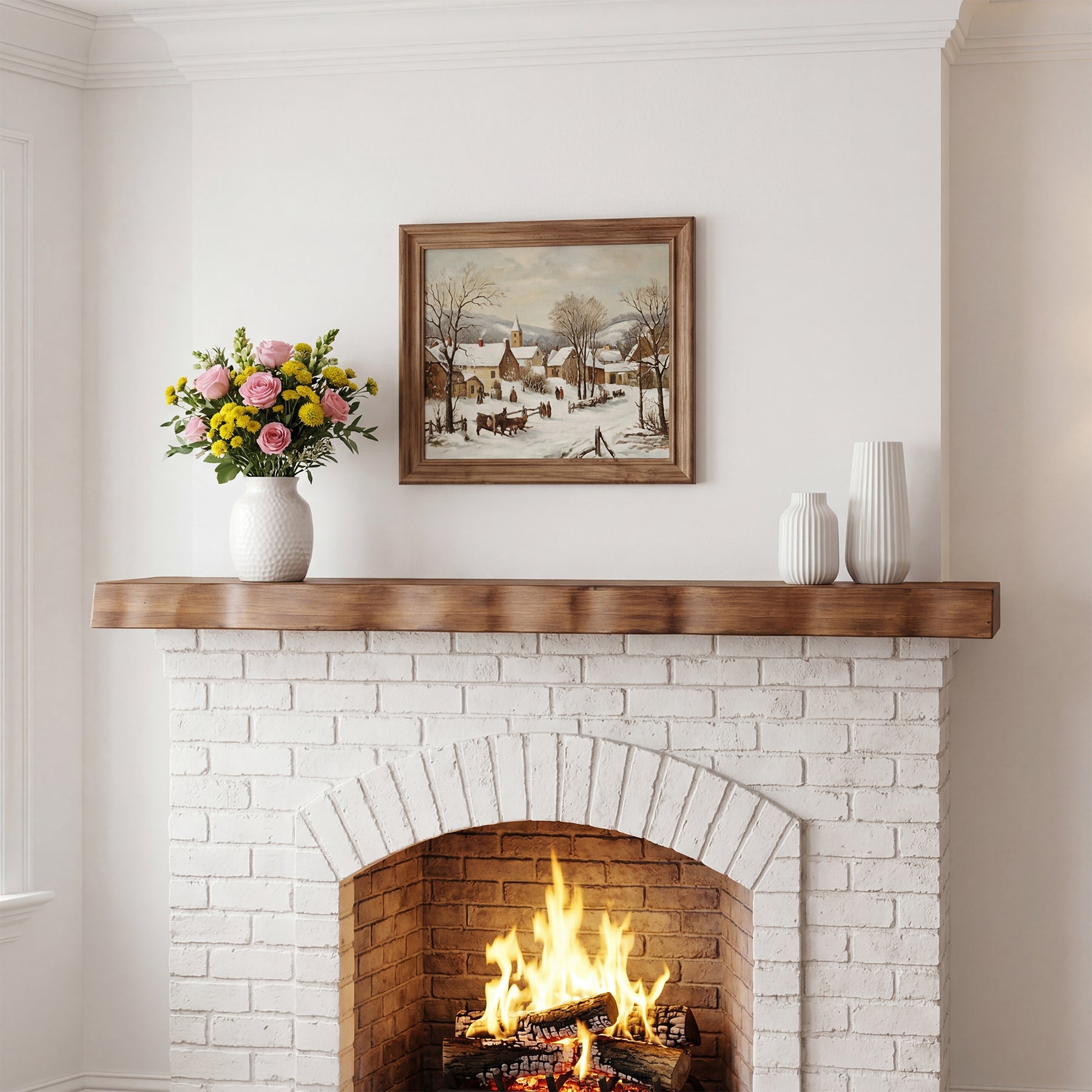 63" Solid Wood Fireplace Mantel, Floating Mantel Shelf with Live Edge for Living Room