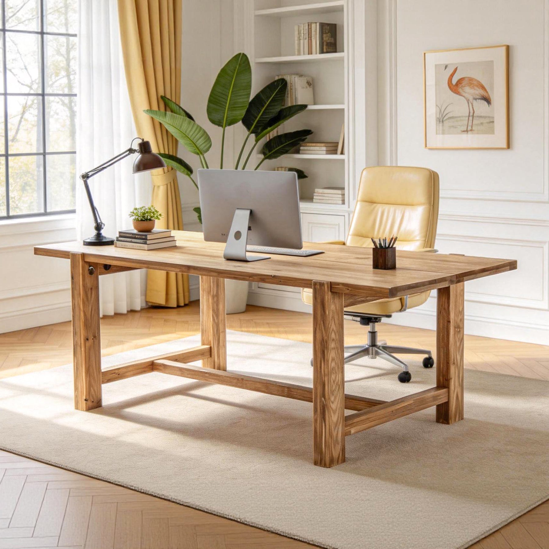 63" Solid Wood Computer Desk, Farmhouse Executive Desk for Home Office