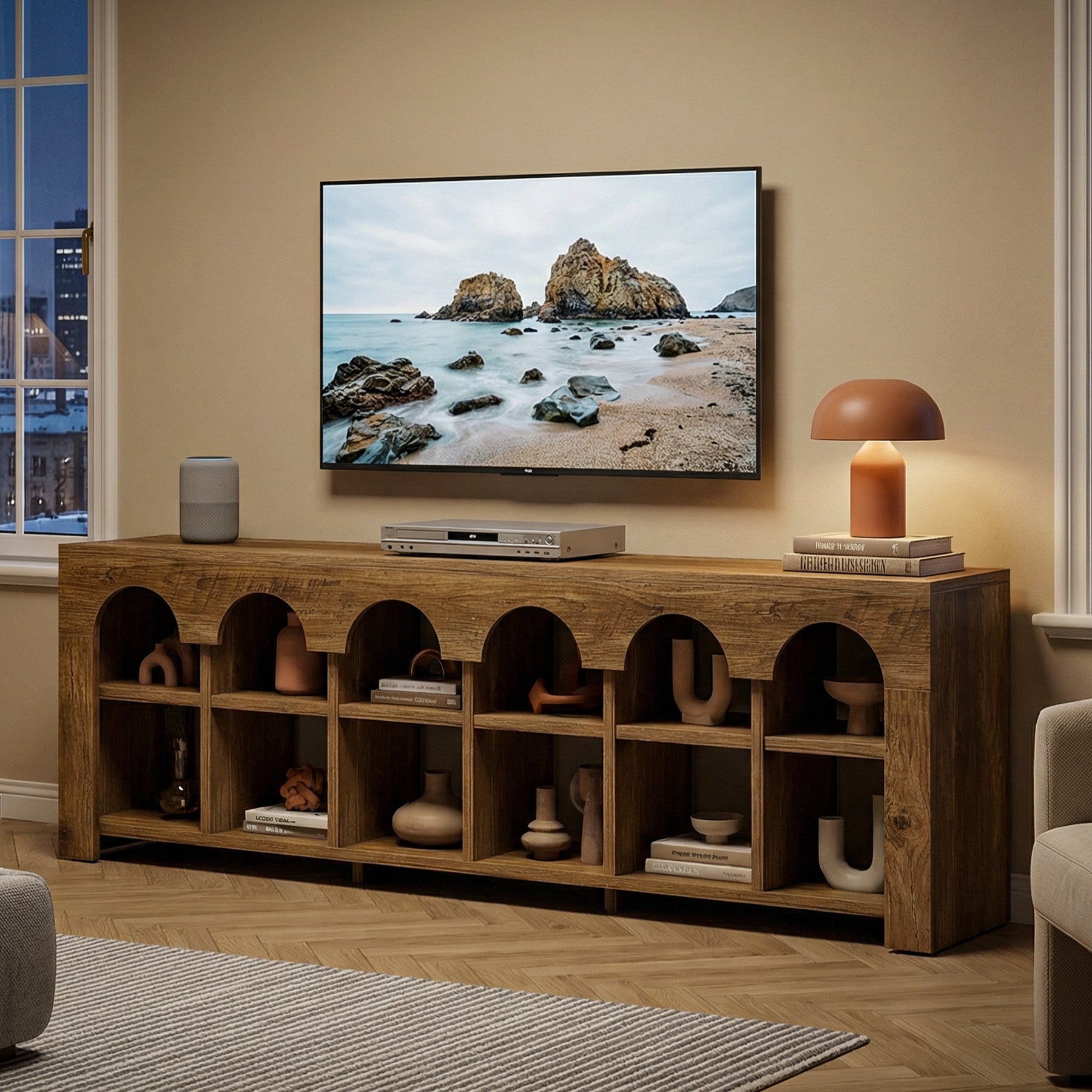 63” TV Stand for 50-75" TVs, Farmhouse Entertainment Center with 2-Tier Arched Cubbies