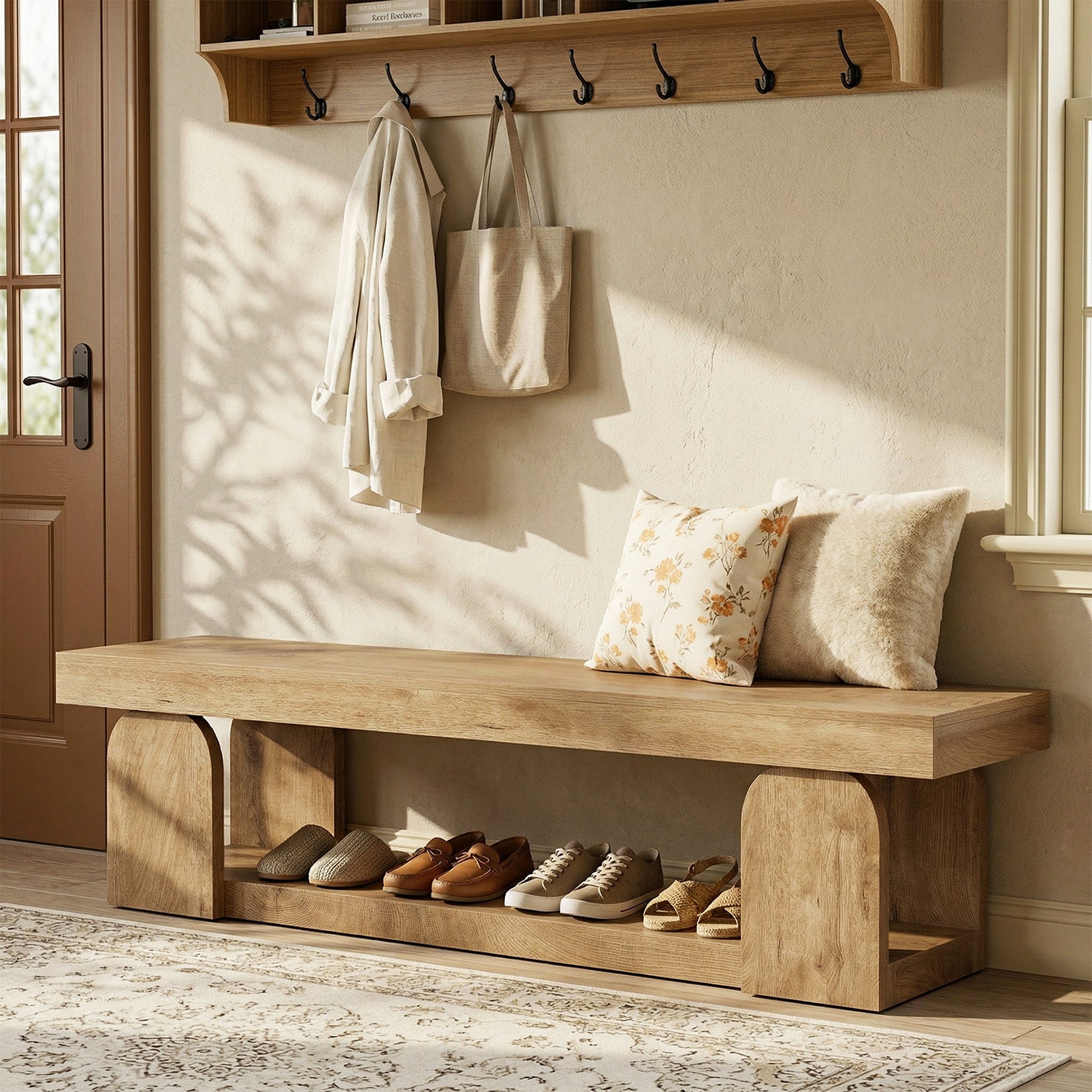 63" Entryway Bench, Farmhouse Shoe Bench with Storage Shelf for Bedroom, Hallway