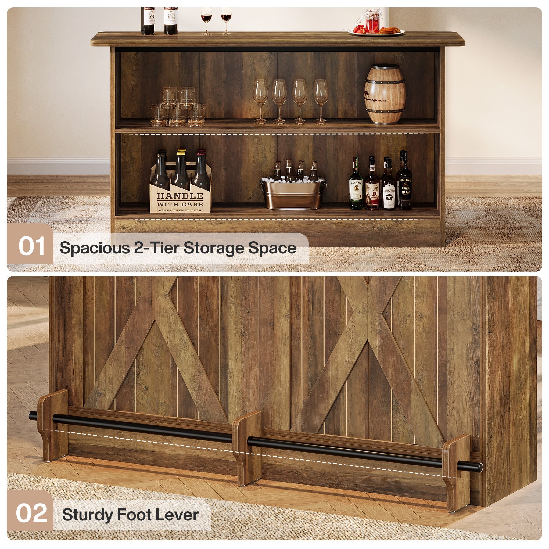 63" Home Bar Unit, 2-Tier  Bar Table Coffee Cabinet with Footrest