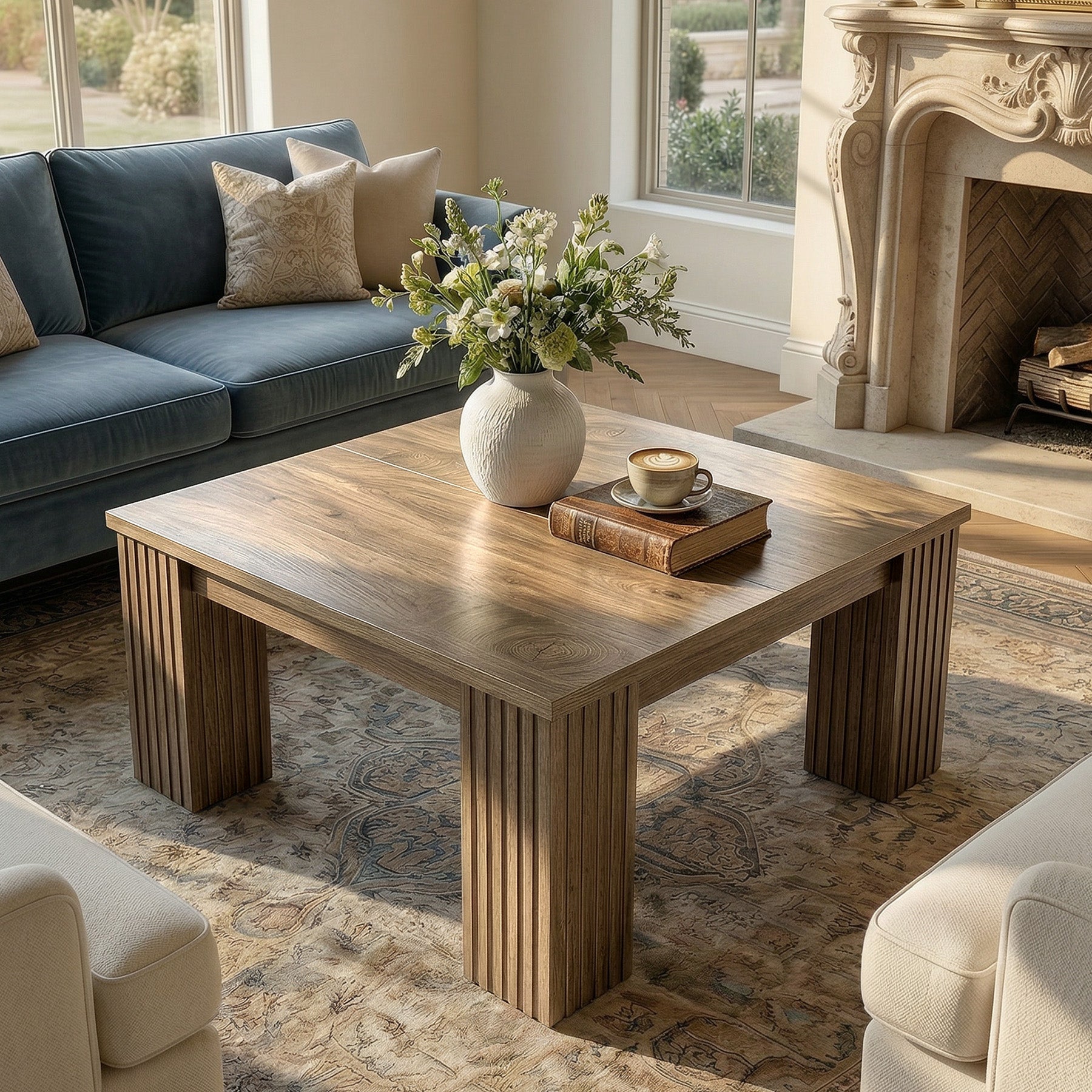39.4" Square Coffee Table, Farmhouse Center Table with Fluted Legs for Living Room