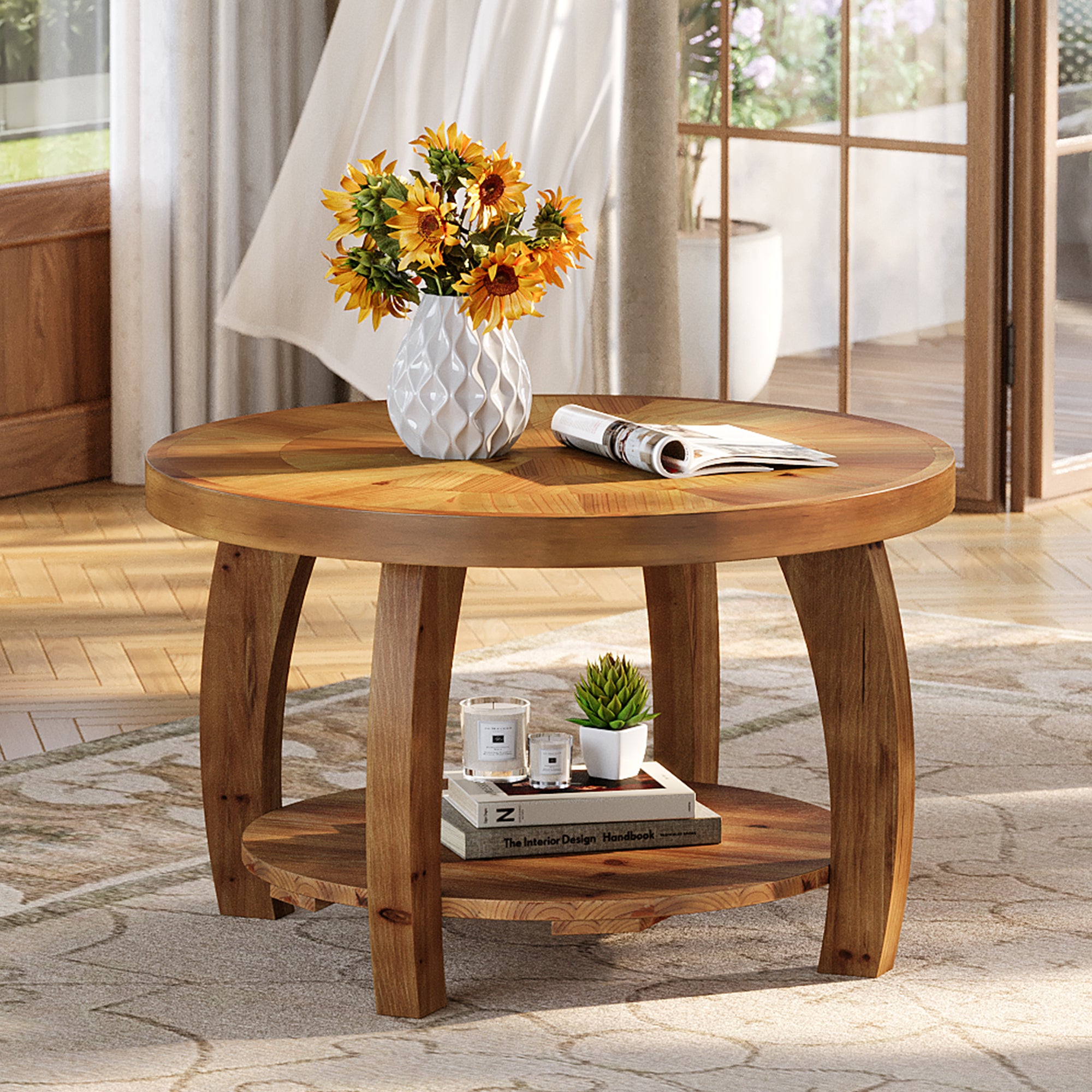 Solid Wood Round Coffee Table, 2-Tier Center Table with Storage for Living Room