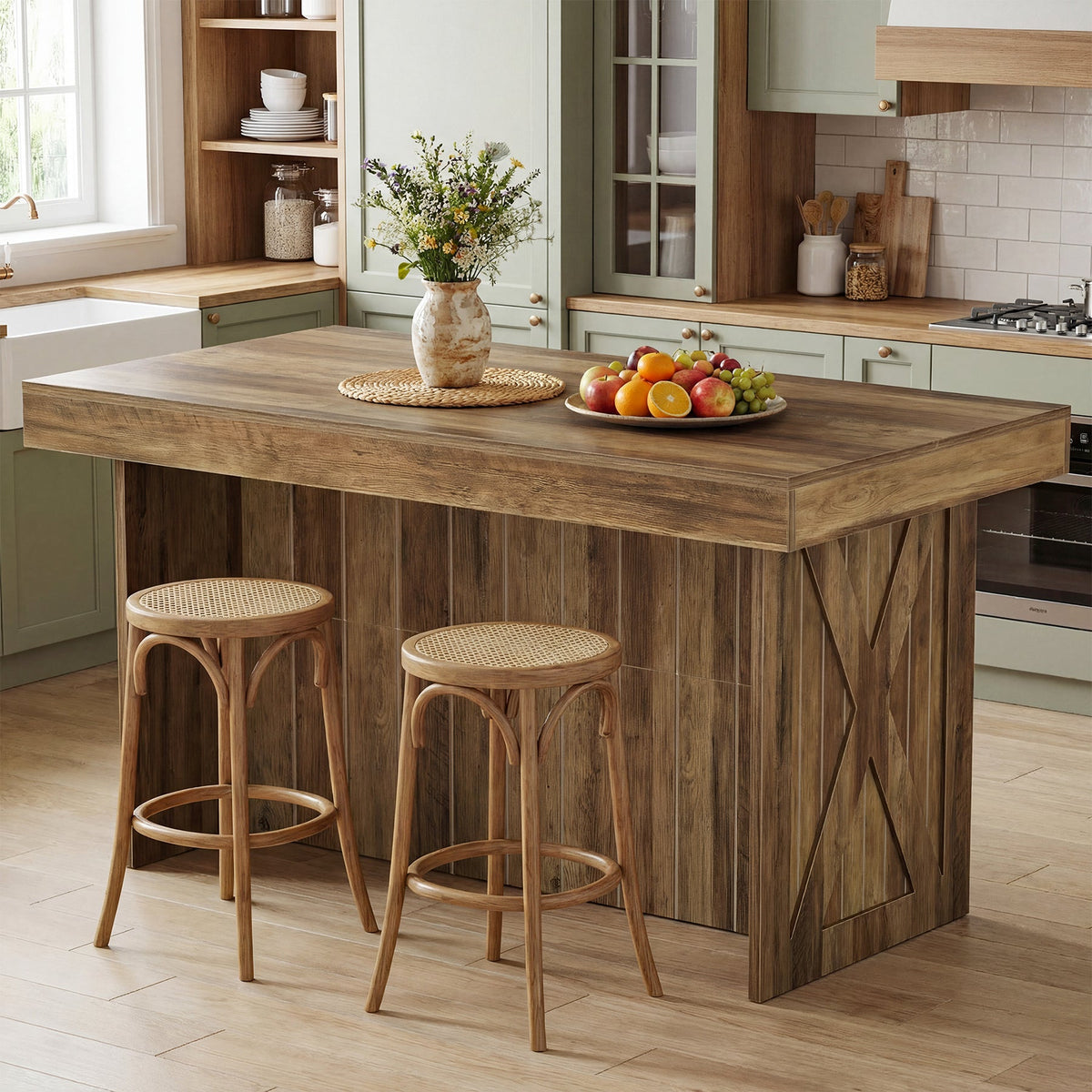 55" Kitchen Island with Storage Shelves, Farmhouse Island Table for Dining Room
