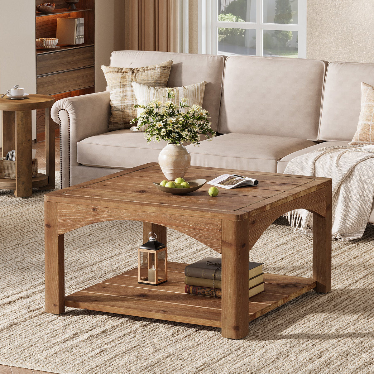 31.5" Square Coffee Table, Solid Wood 2-Tier Center Table for Living Room