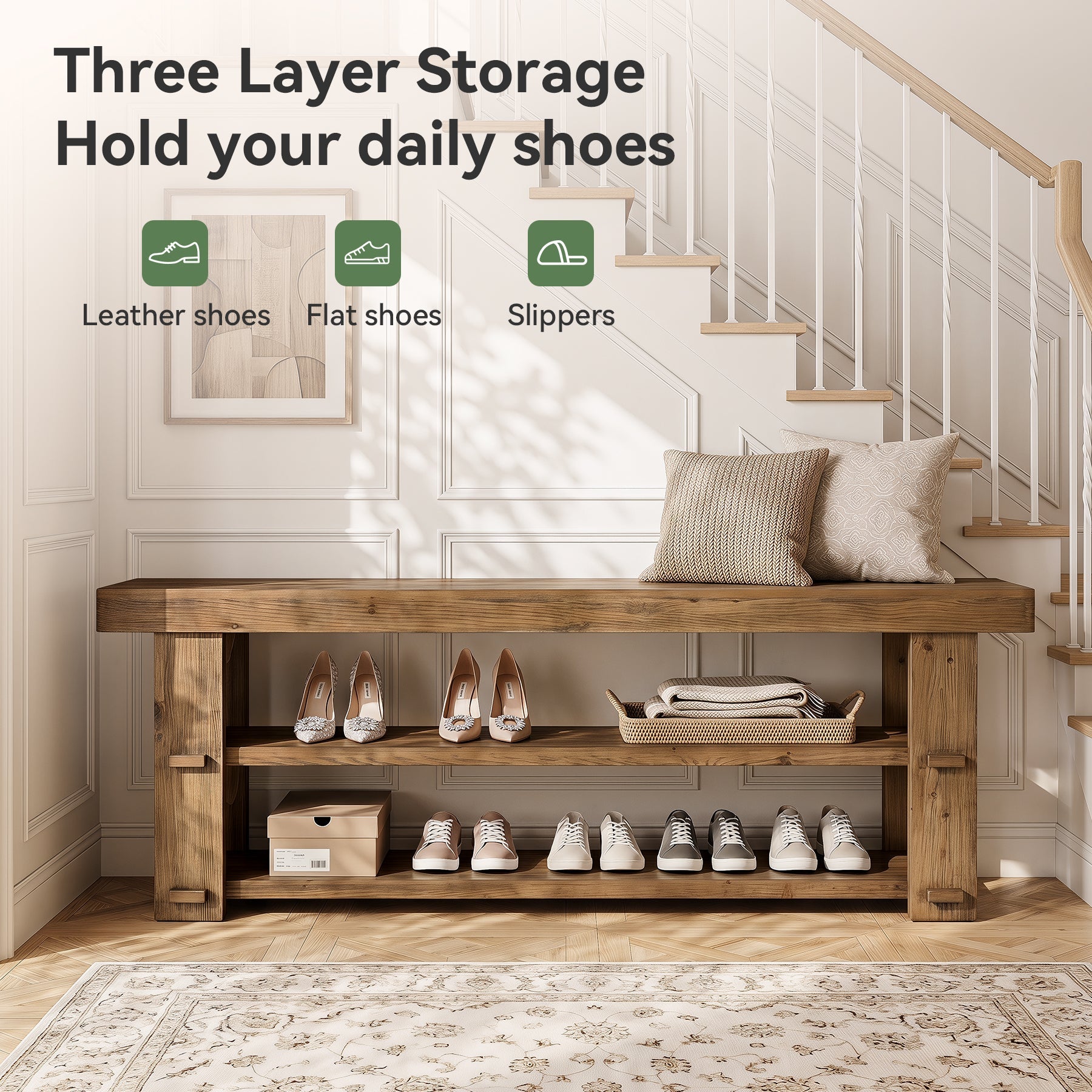 55" Solid Wood Entryway Bench, 2-Tier Shoe Storage Bench for Entryway