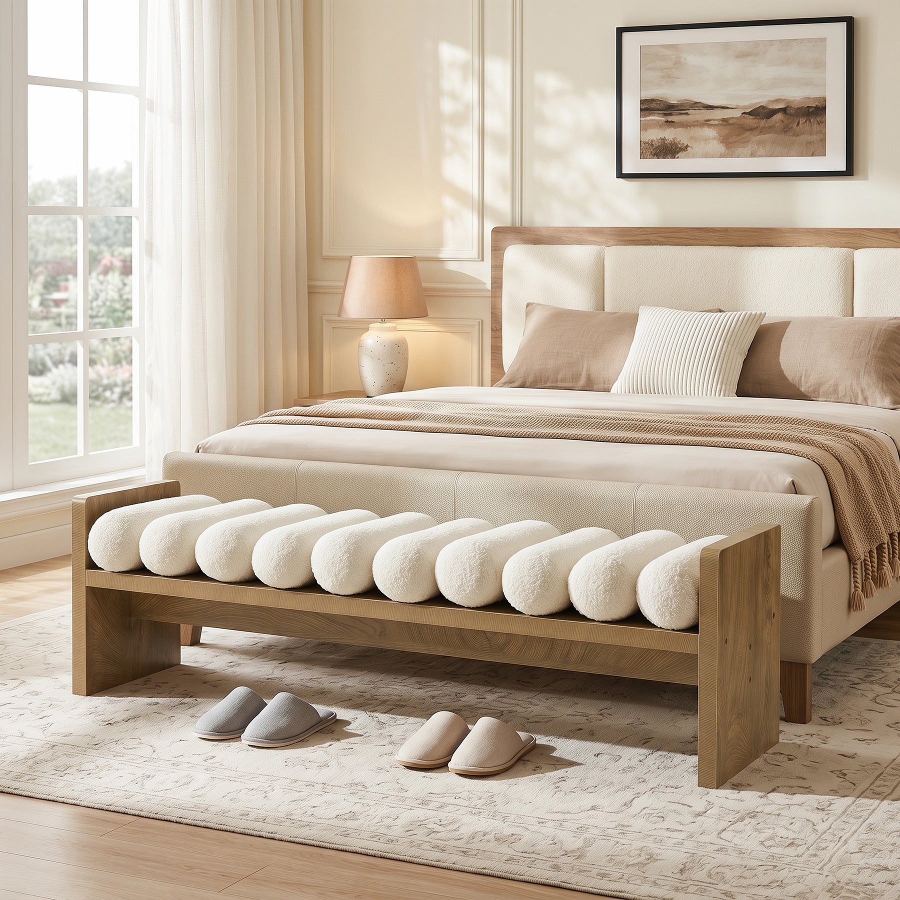 59'' Entryway Bench with Boucle Cushion, Upholstered Fabric End of Bed Bench for Hallway