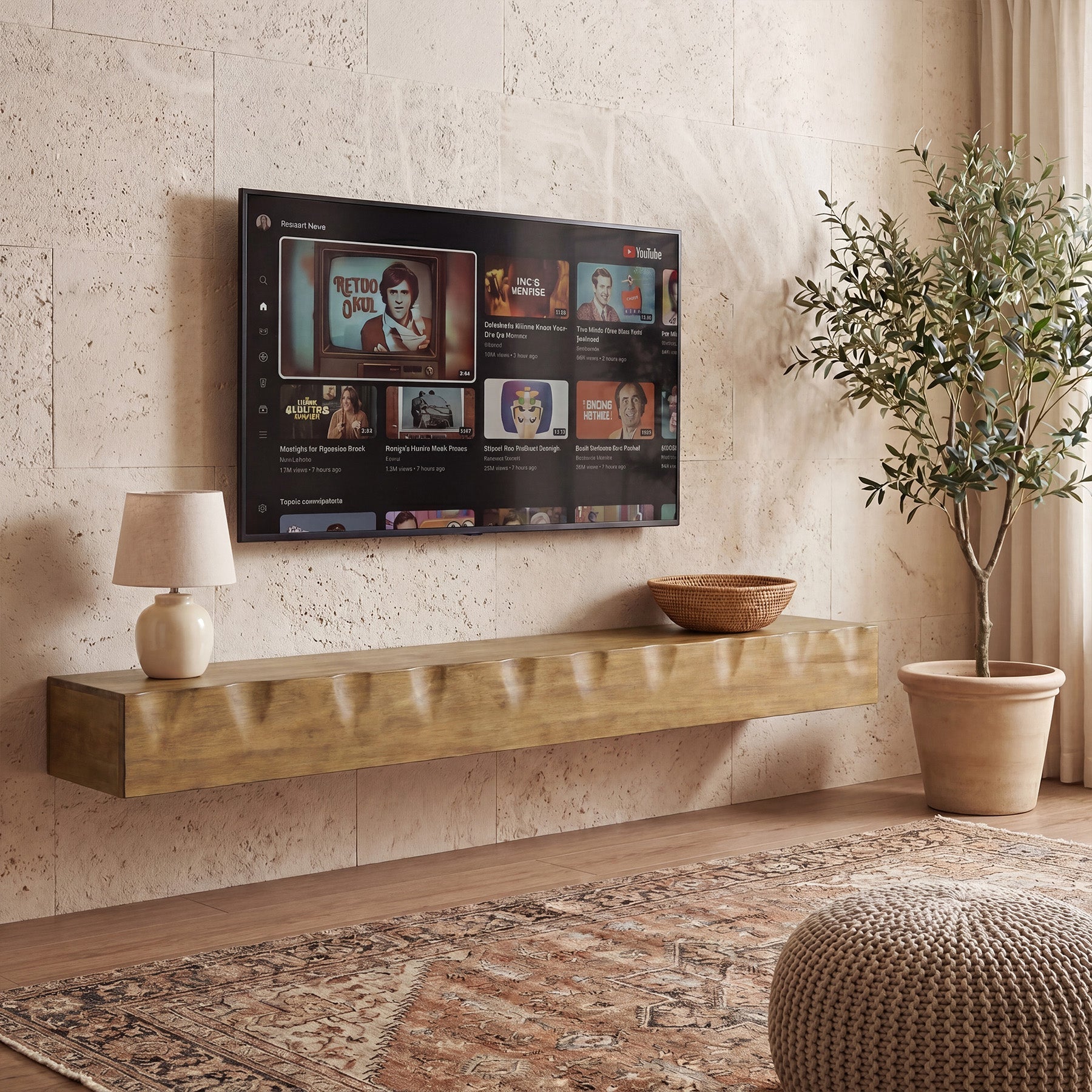 Solid Wood Floating TV Stand, 63" Wall Media Shelf for TVs Up to 75"