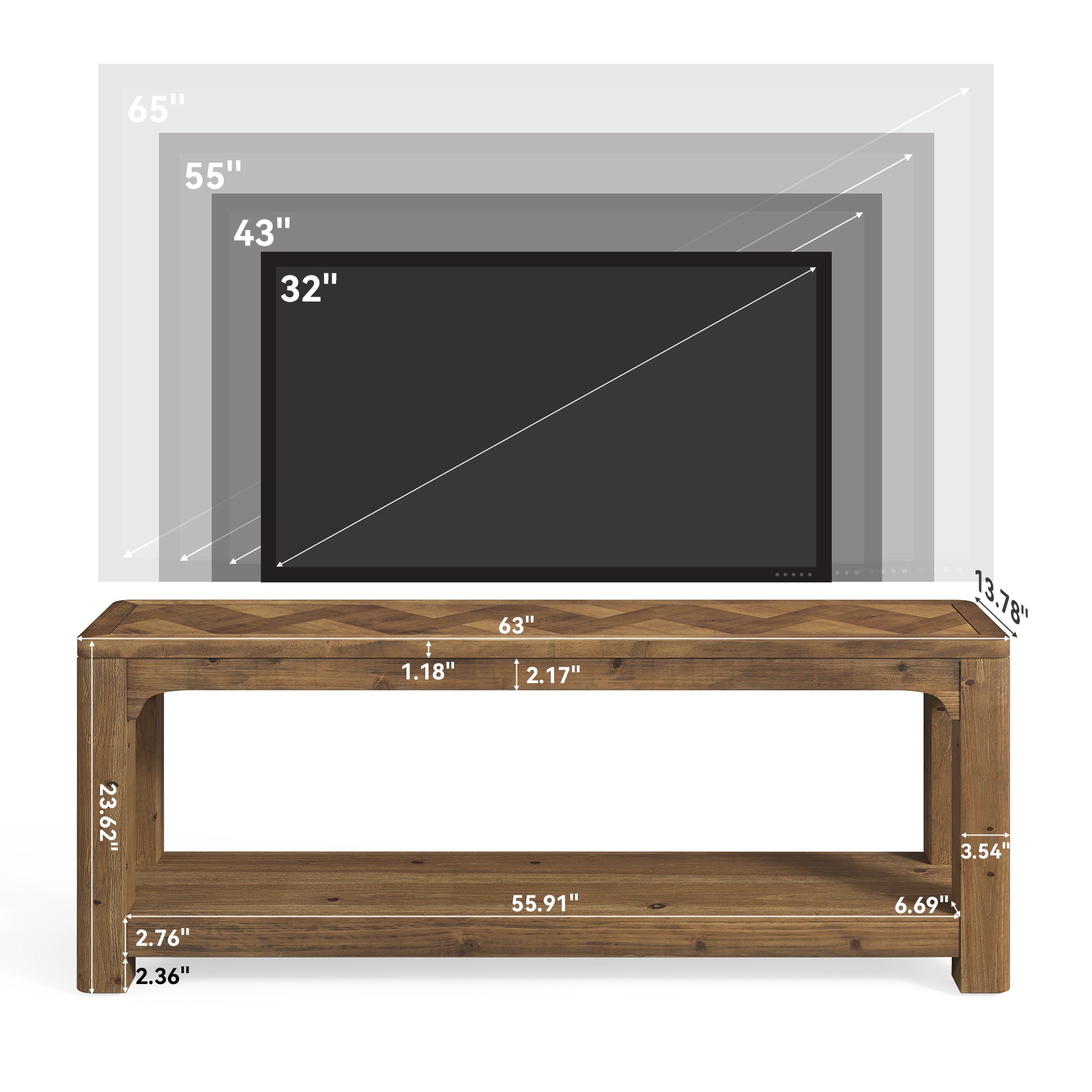 63" Solid Wood TV Stand, Entertainment Center with Open Shelves for 65" TV