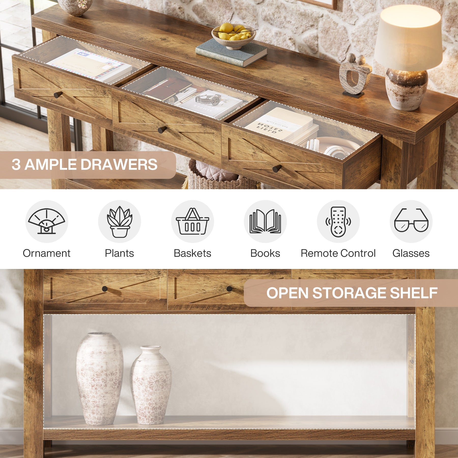 70.9” Console Table with 3 Drawers, Narrow Entryway Table with Storage Shelf