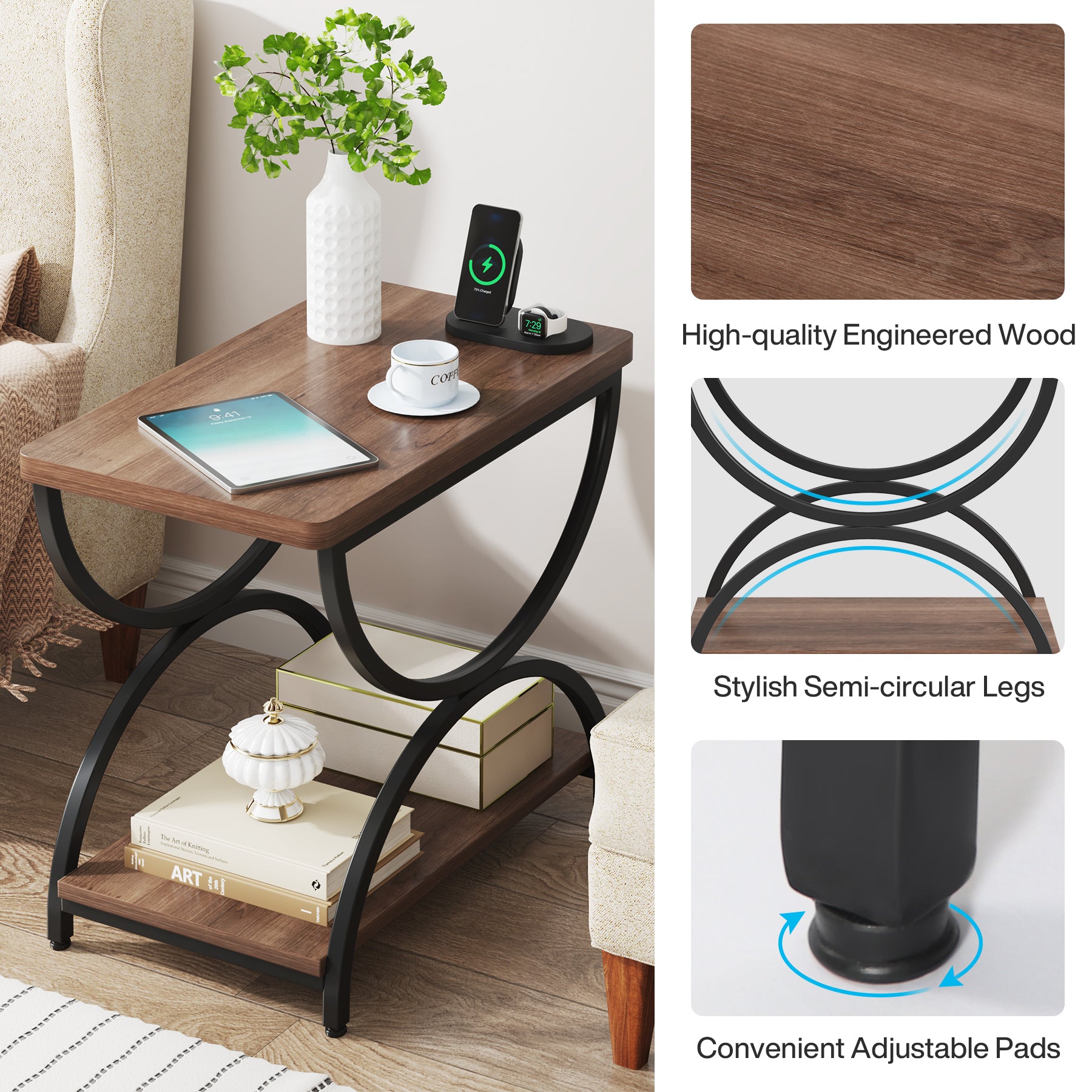 2-Tier End Table, Rectangular Side Table with Stylish Metal Frame