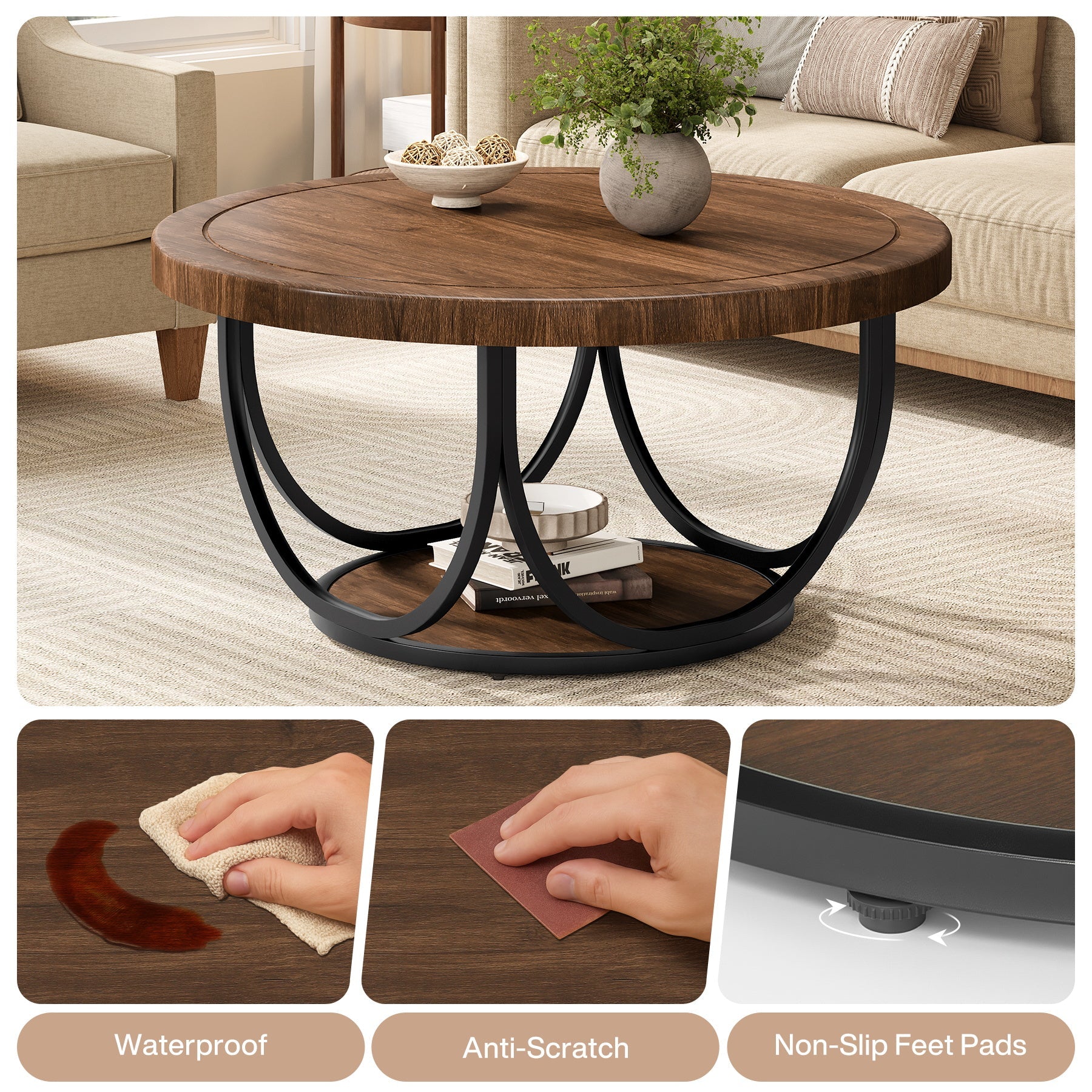 Round Coffee Table, 31.5" Circle Accent Cocktail Table with Storage Shelf