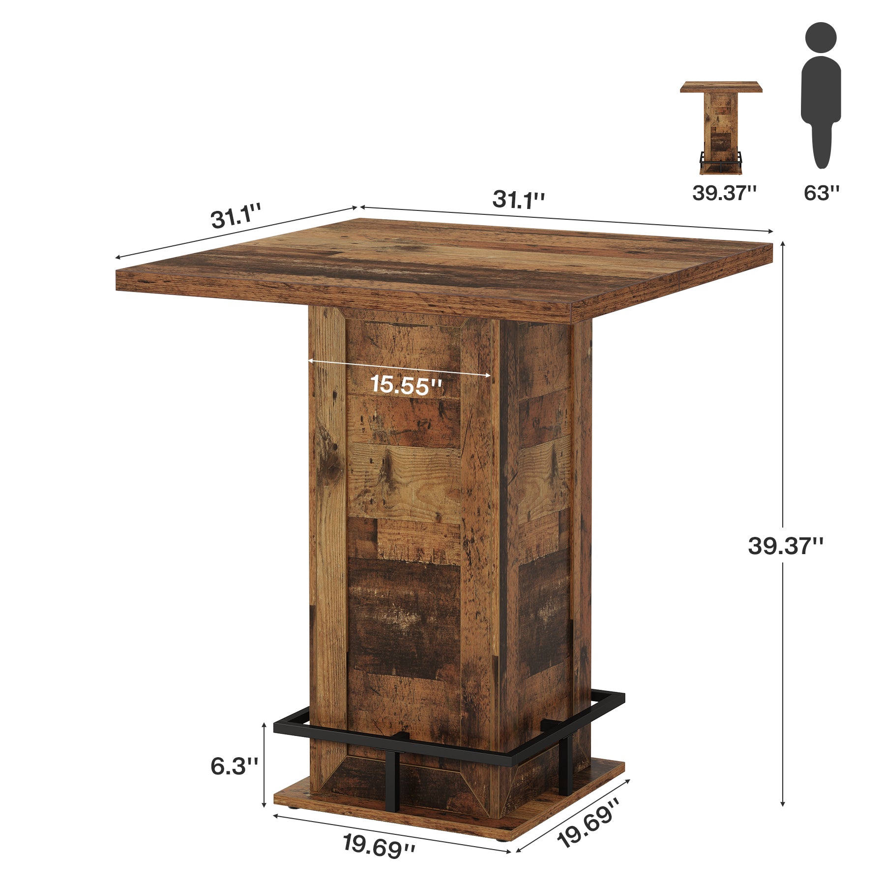 39.4" H Square Bar Table, Industrial High Top Bistro Pub Table with Metal Footrest
