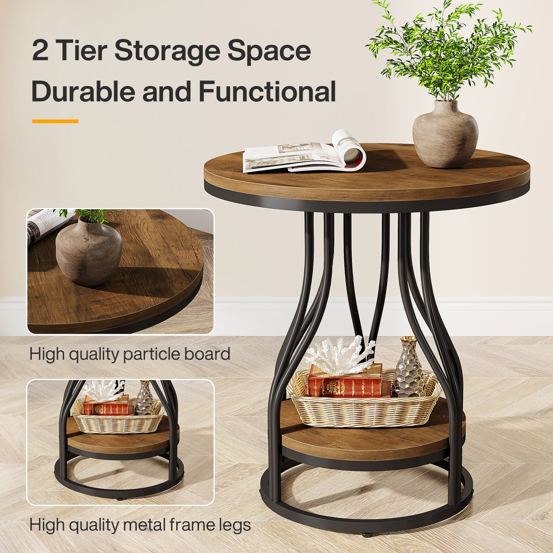 2-Tier End Table, Round Sofa Side Table with Metal Frame