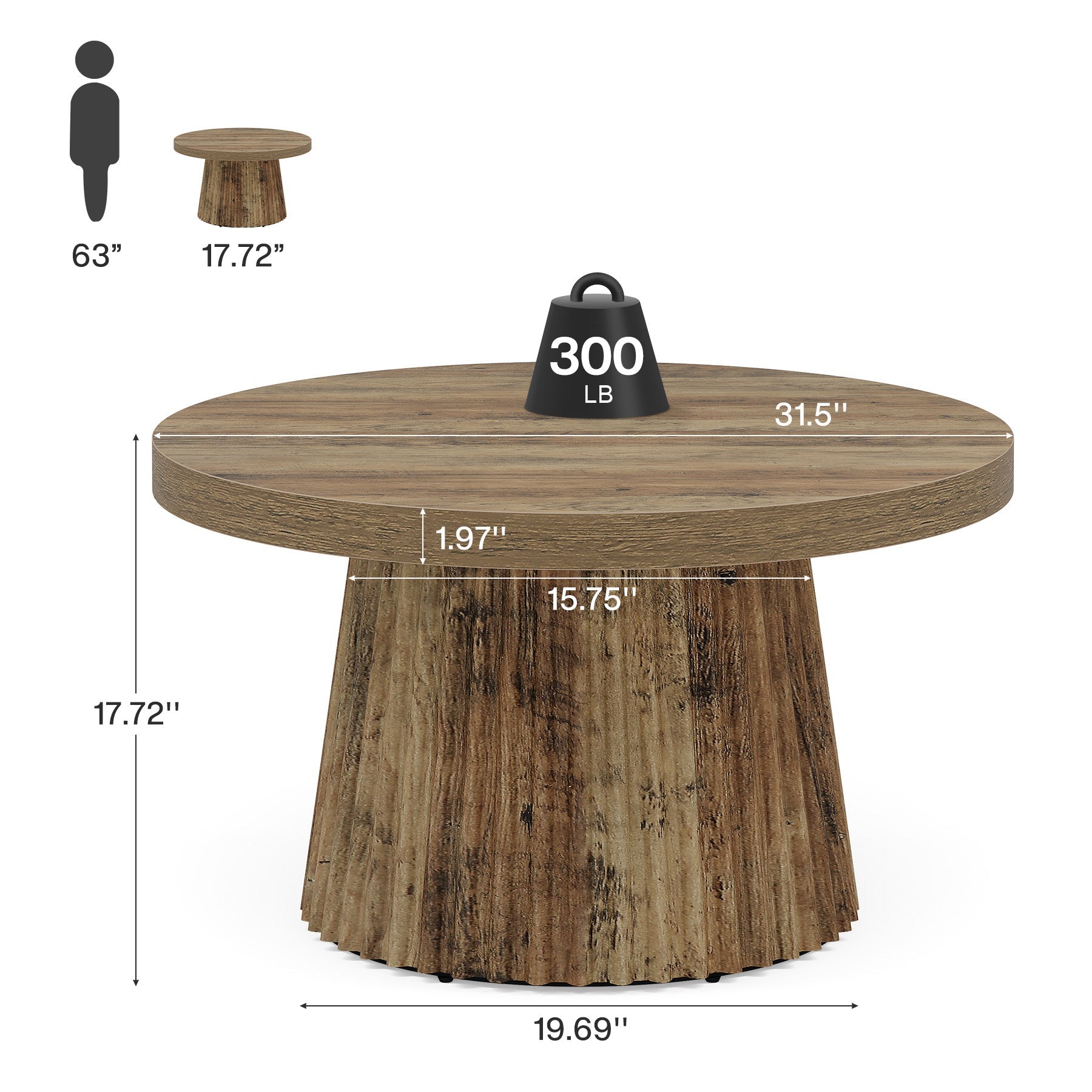 Round Coffee Table, 31.5" Circle Center Table with Fluted Drum Base