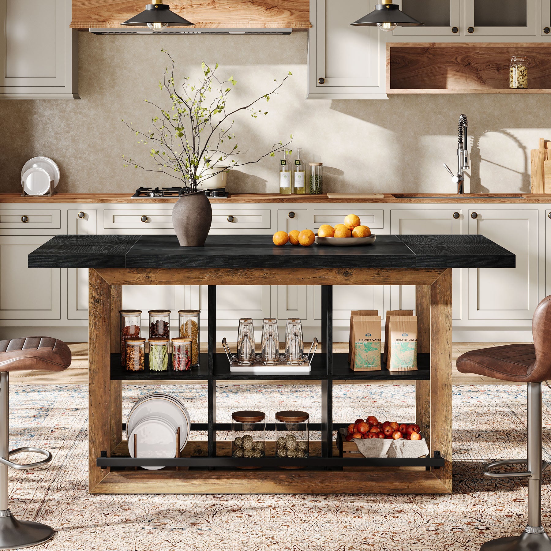 62.6" Kitchen Island, Counter Height Stationary Table with 6 Open Cubbies