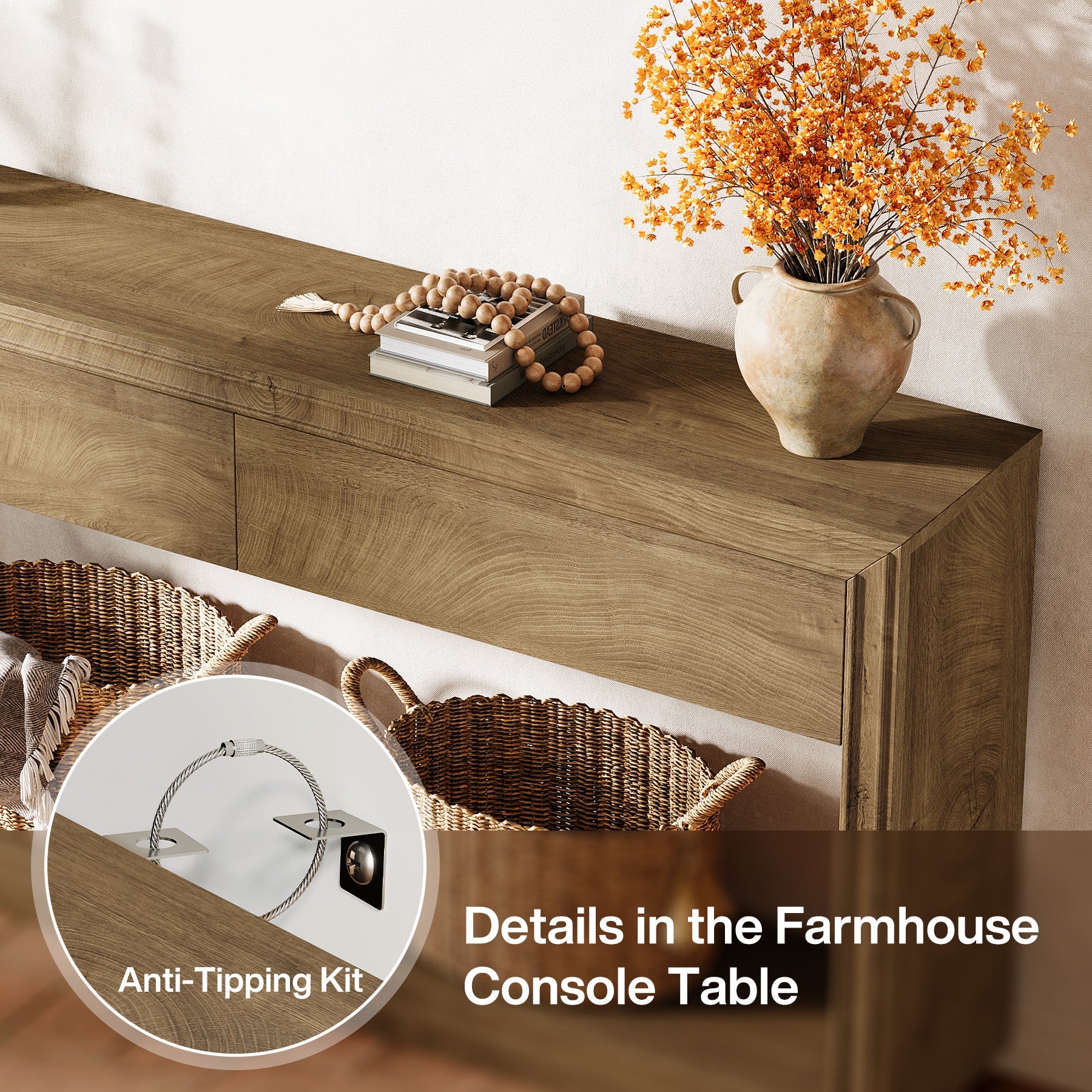 63" Console Table with 2 Drawers and Shelf, Farmhouse Entryway Sofa Table for Hallway