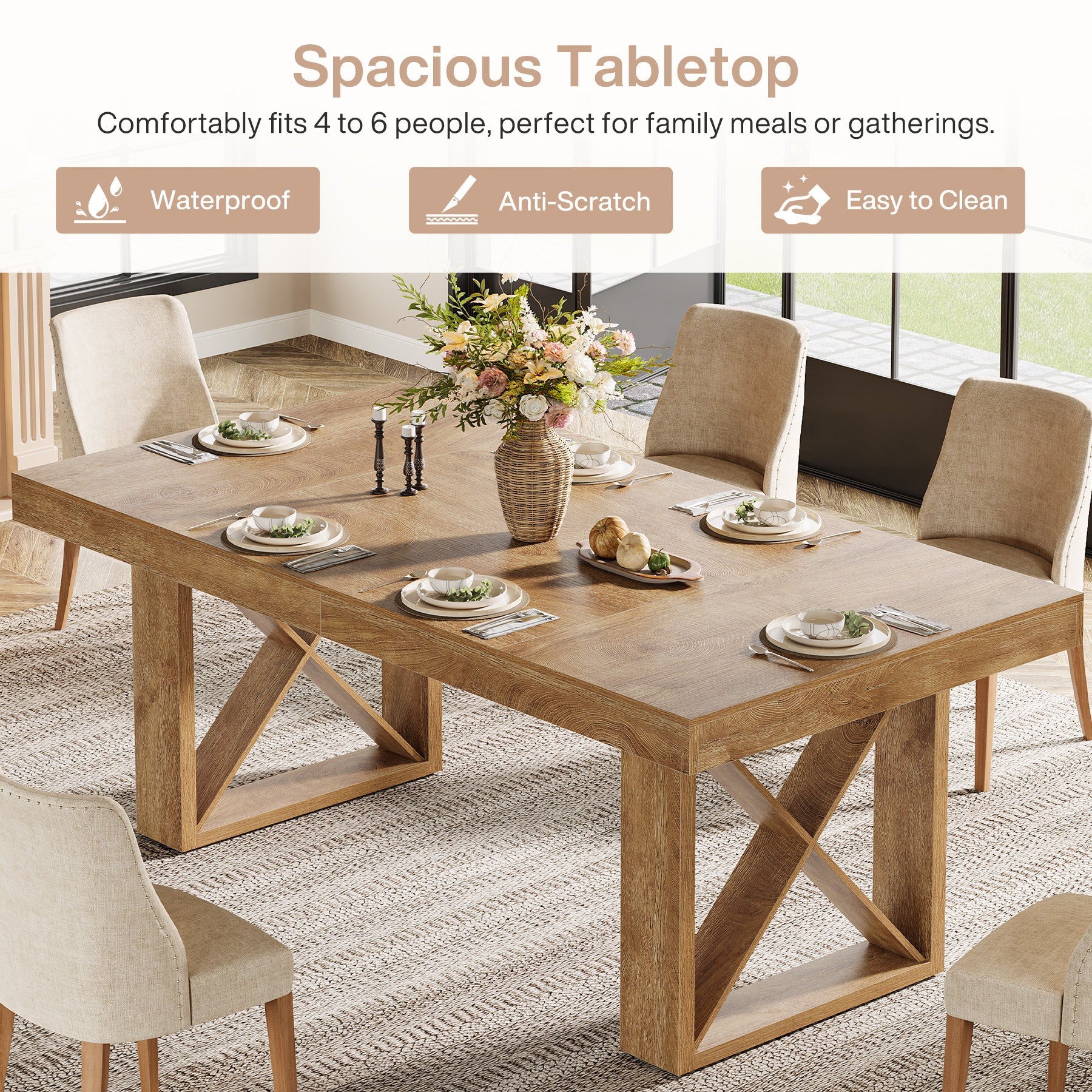 Rectangle Dining Table, 63" Farmhouse Kitchen Table for 4-6 People