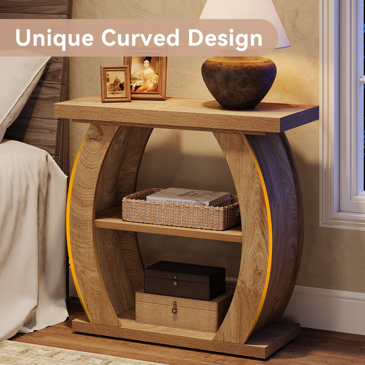 Narrow End Table, 2-Tier Farmhouse Side Table with Curved Frame