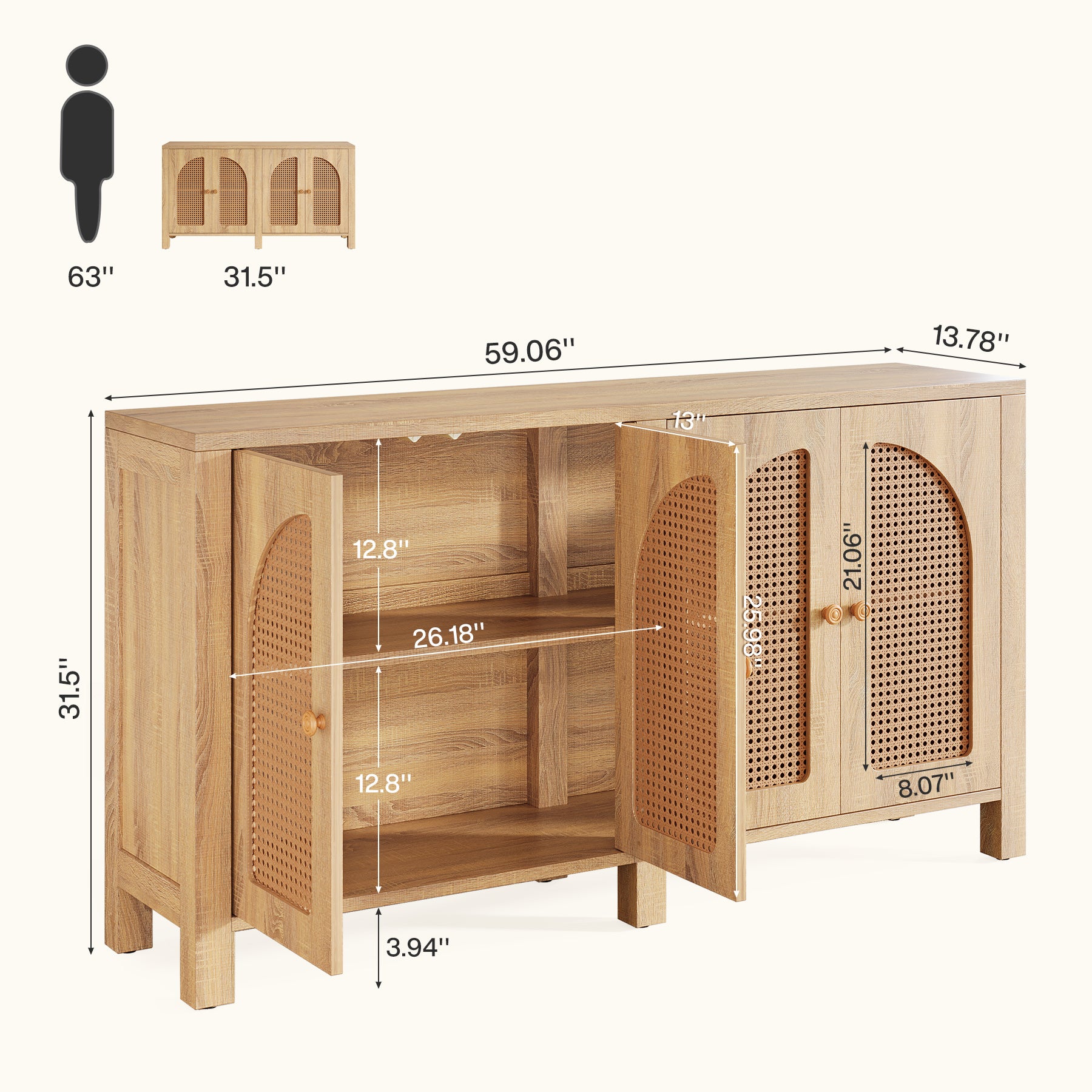 59" Sideboard Buffet, Rattan Credenza Storage Cabinet with 4 Doors