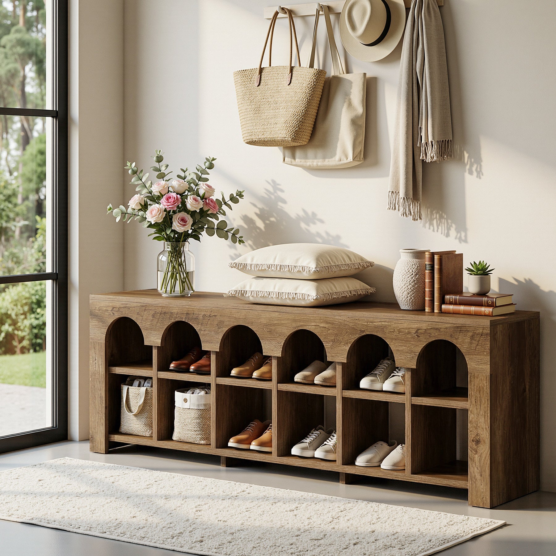 63" Entryway Bench with Shoe Storage, Farmhouse Bench with 12 Cubbies