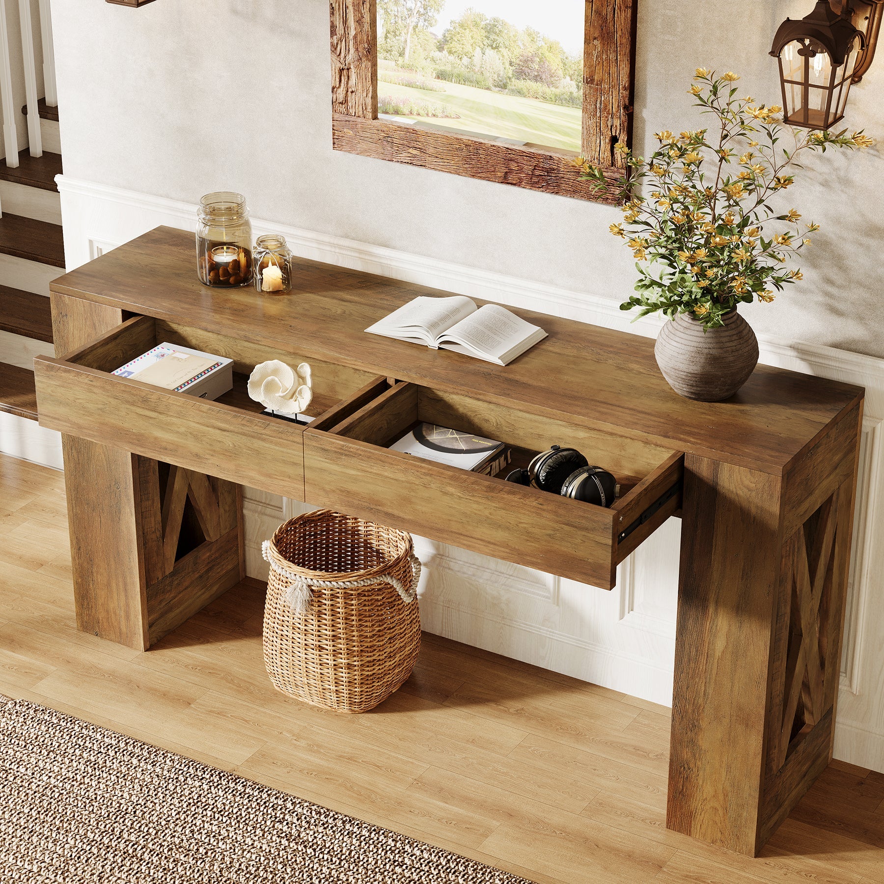 63" Console Table, Narrow Sofa Table with 2 Drawers and X-Shaped Legs
