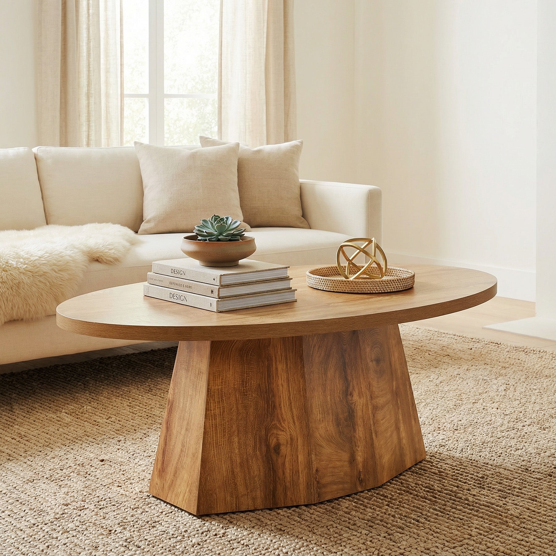 Oval Coffee Table, 47" Center Accent Table with Polygonal Pedestal for Living Room
