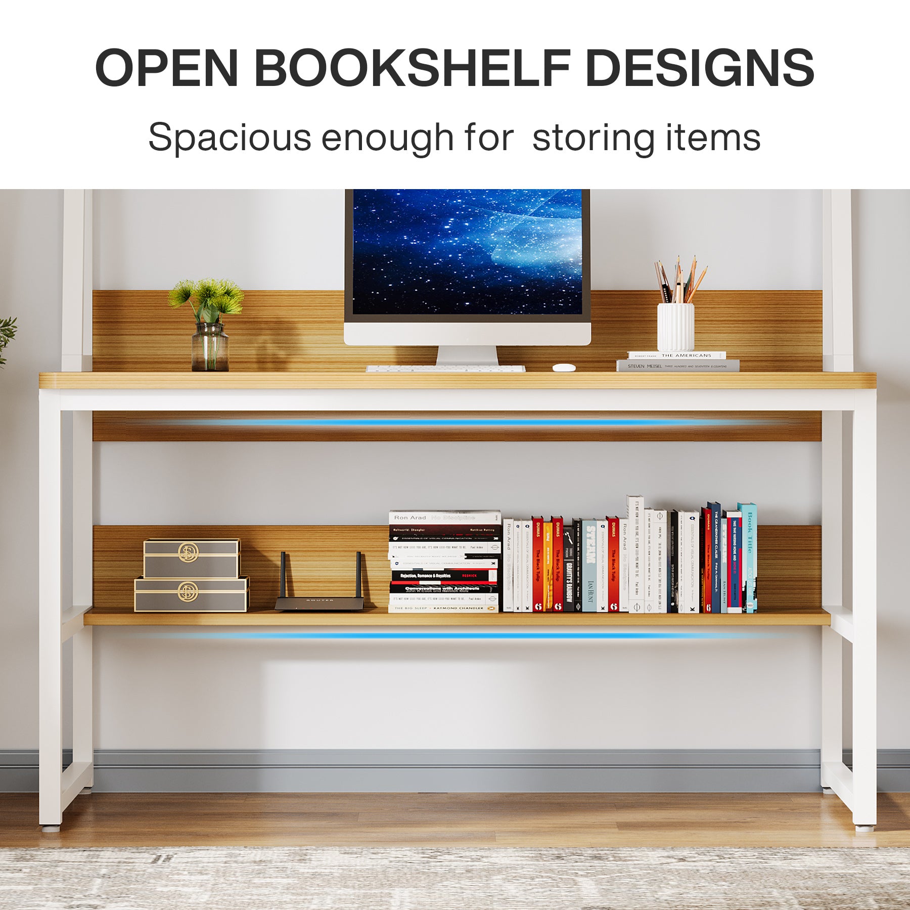 47" Computer Desk, Heavy Duty Writing Desk with Hutch & Bookshelf