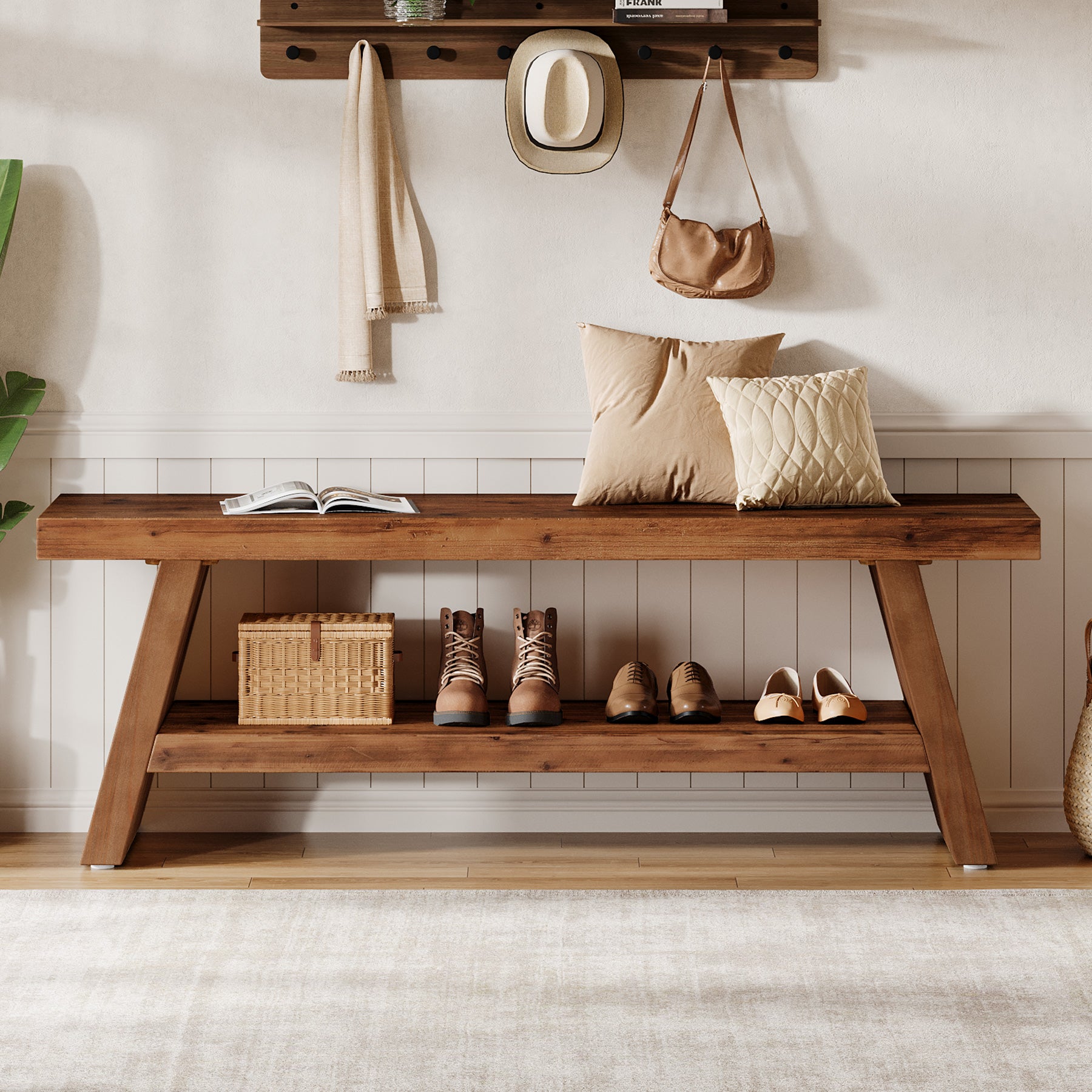 Solid Wood Shoe Bench, 2-Tier Entryway Bench with Open Shelves